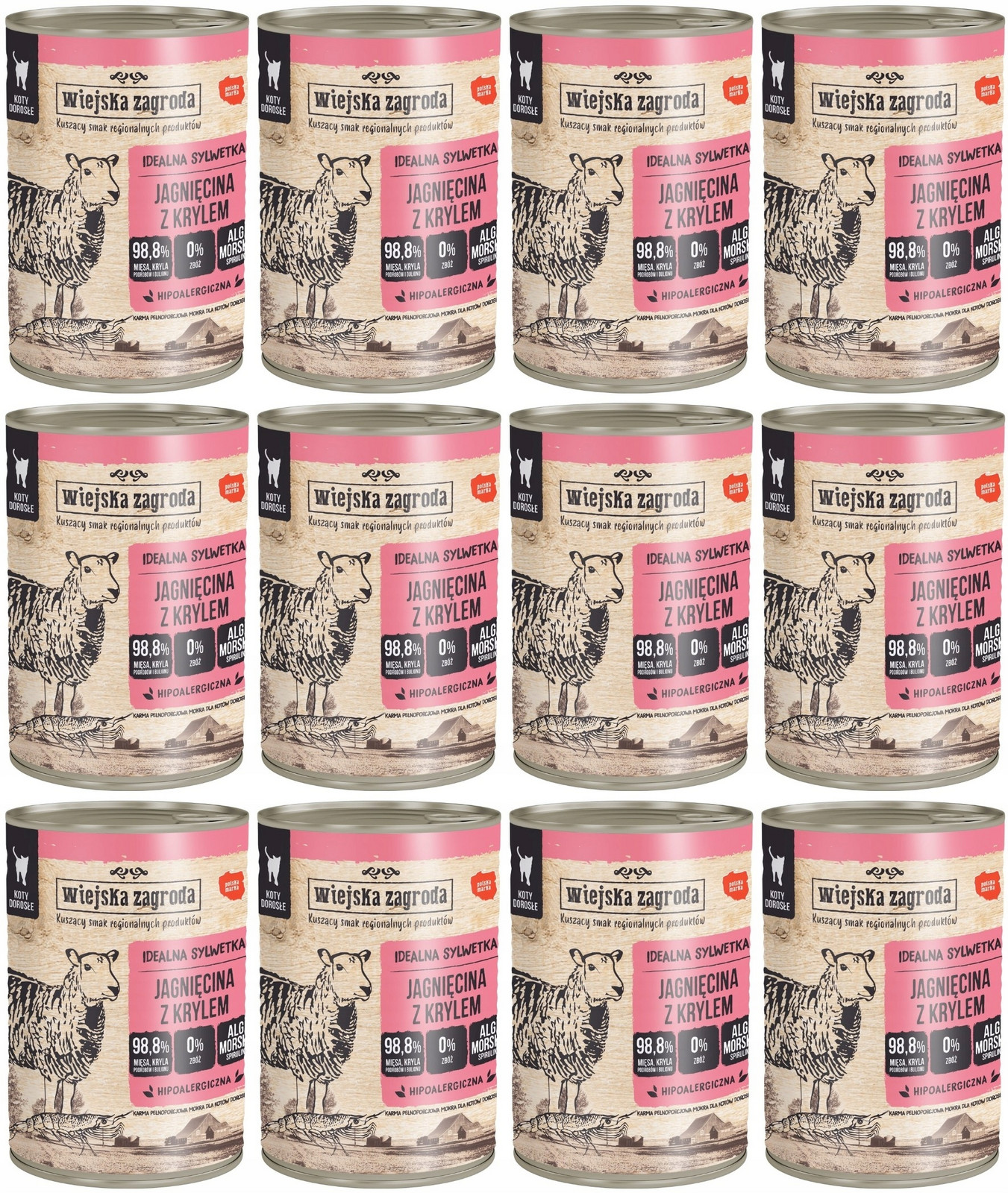 Wiejska Zagroda Kočka Jehněčí s krillem 12 plechovek 400 g