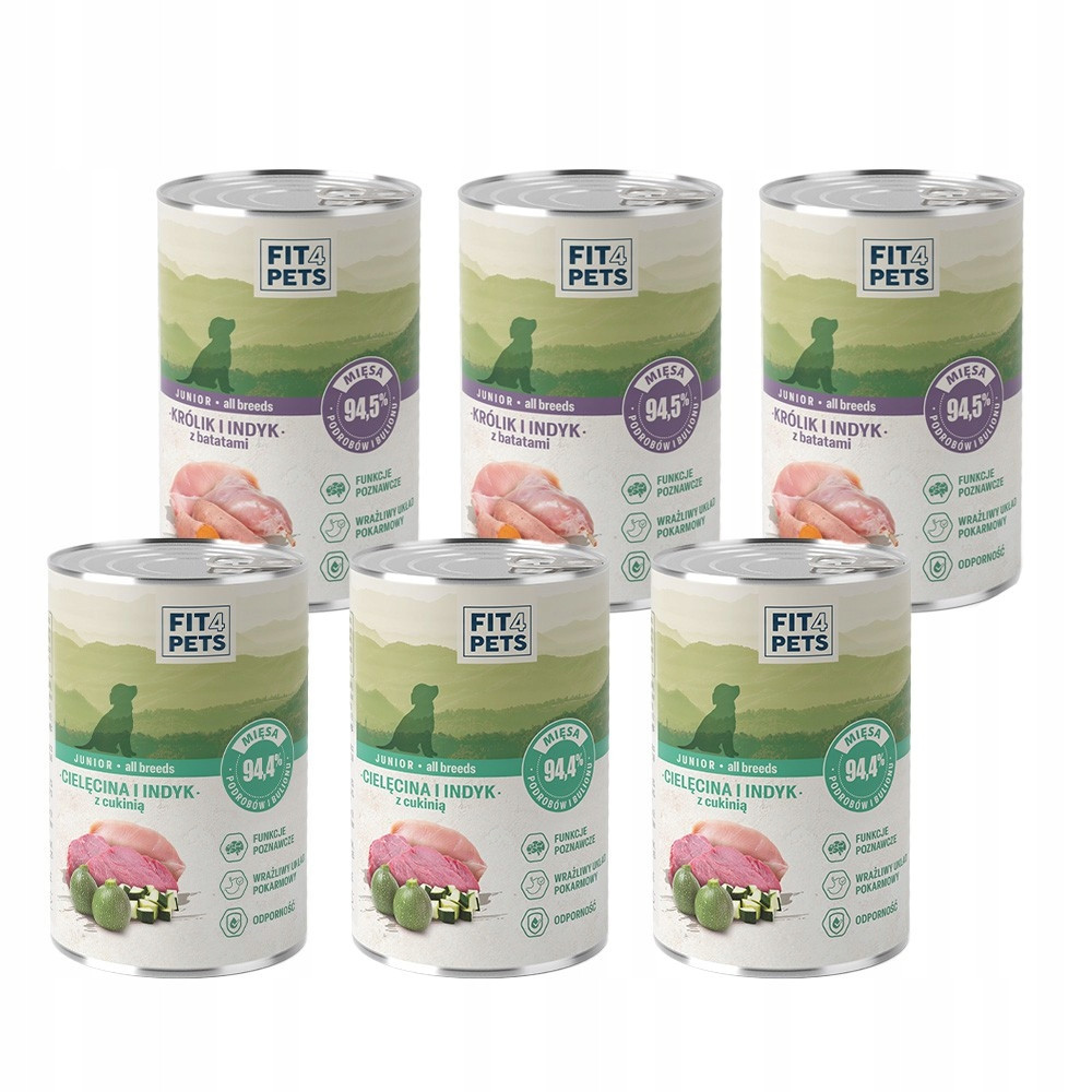 Fit4Pets Krmivo pro štěňata MIX 6 konzerv Telecí x 3 Králík x 3