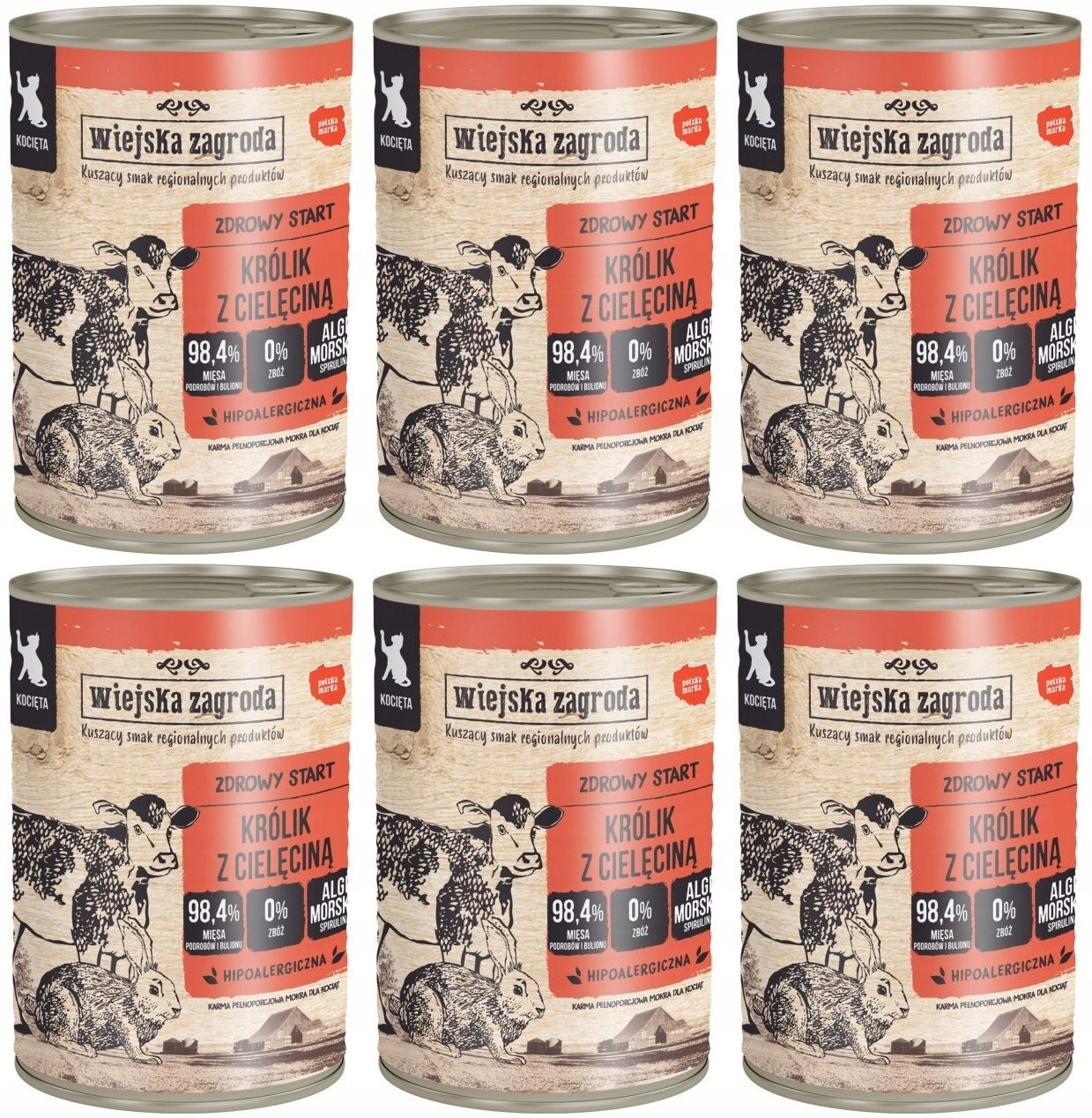 Wiejska Zagroda Kočka Králík s telecím masem 6 plechovek 400 g