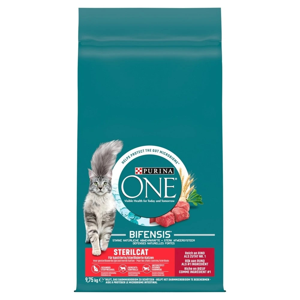 PURINA ONE granule, 9,75 kg + Purina ONE kapsičky 13 x 85 g zdarma - Adult Sterilcat s hovězím 9,75 kg + Sterilised s lososem a mrkví (13 x 85 g)