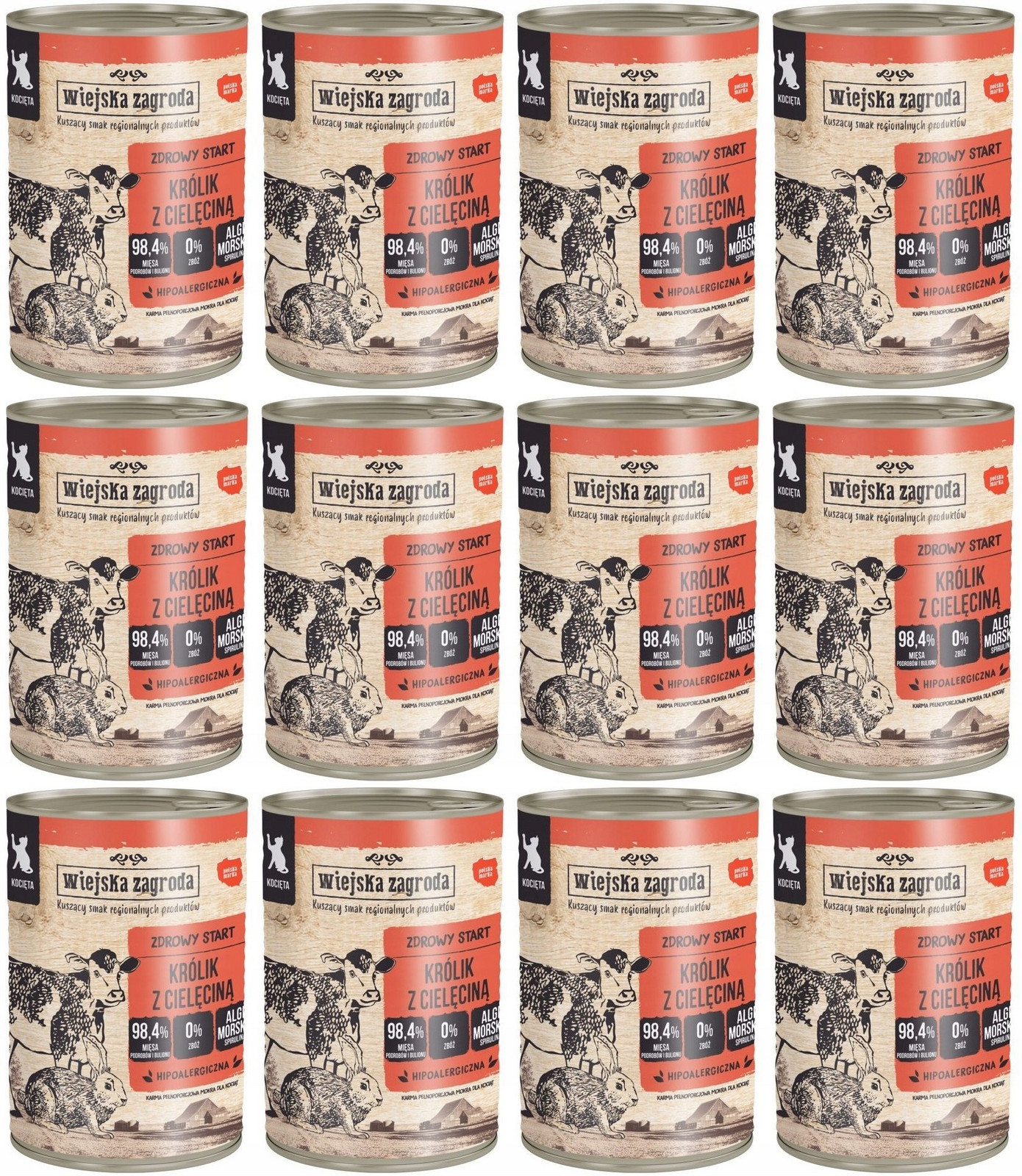 Wiejska Zagroda Kočka Králík s telecím masem 12 X 400 g