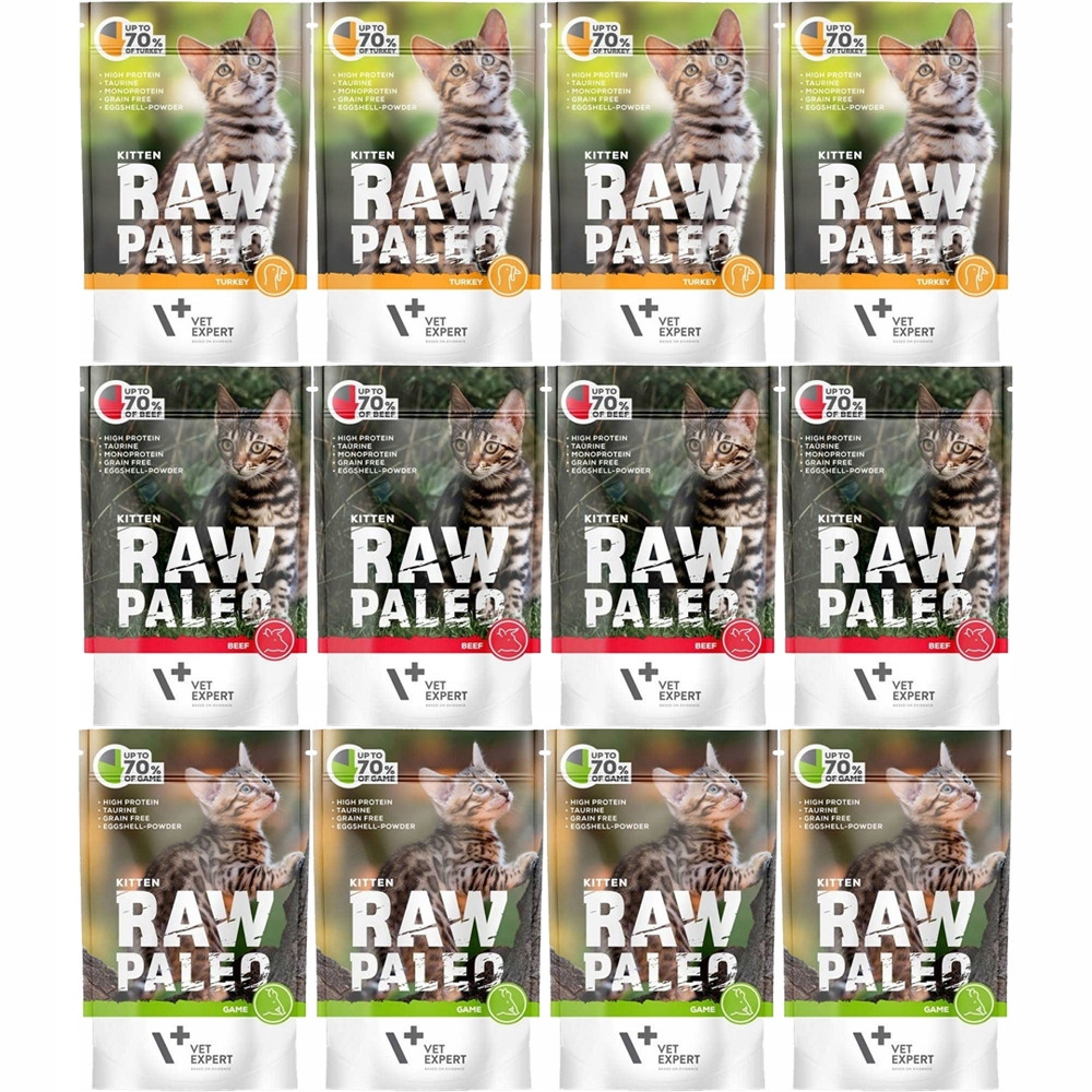 Vlhké krmivo pro koťata VetExpert Raw Paleo Kitten MIX Chutí 12 x 100 g