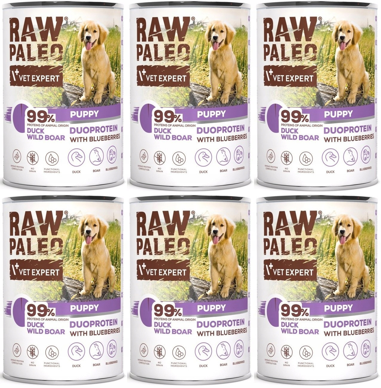 Raw Paleo Puppy Duo 6x400g Vlhké Krmivo pro štěňata Kachna s divočákem