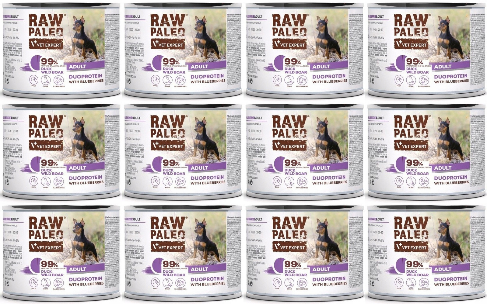 Raw Paleo Duck&Boar Adult Duo 12x200g Vlhké Krmivo pro psy Kachna Divočák