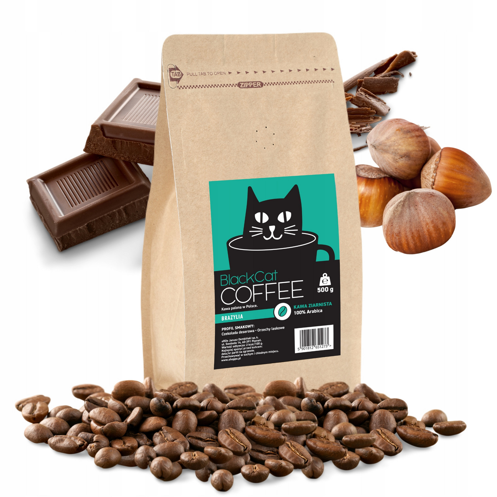 Káva zrnková Black Cat Brazílie 100% Arabica 500g Single Origin kyselá