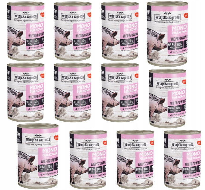 Wiejska Zagroda vlhké krmivo pro kočky Monoproteinové vepřové maso Bez Obilovin 6x400g