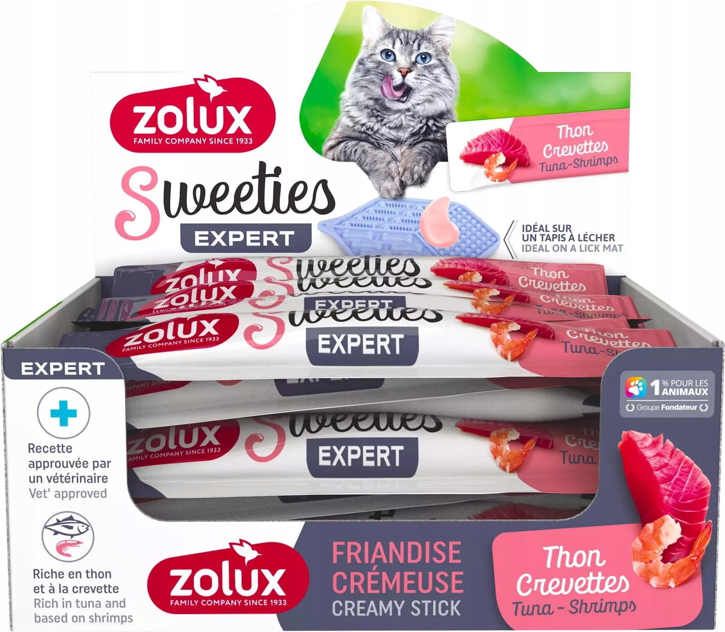 Zolux Pamlsek krémová pro kočky Sweeties s tuňákem a krevetou 48x14g Box