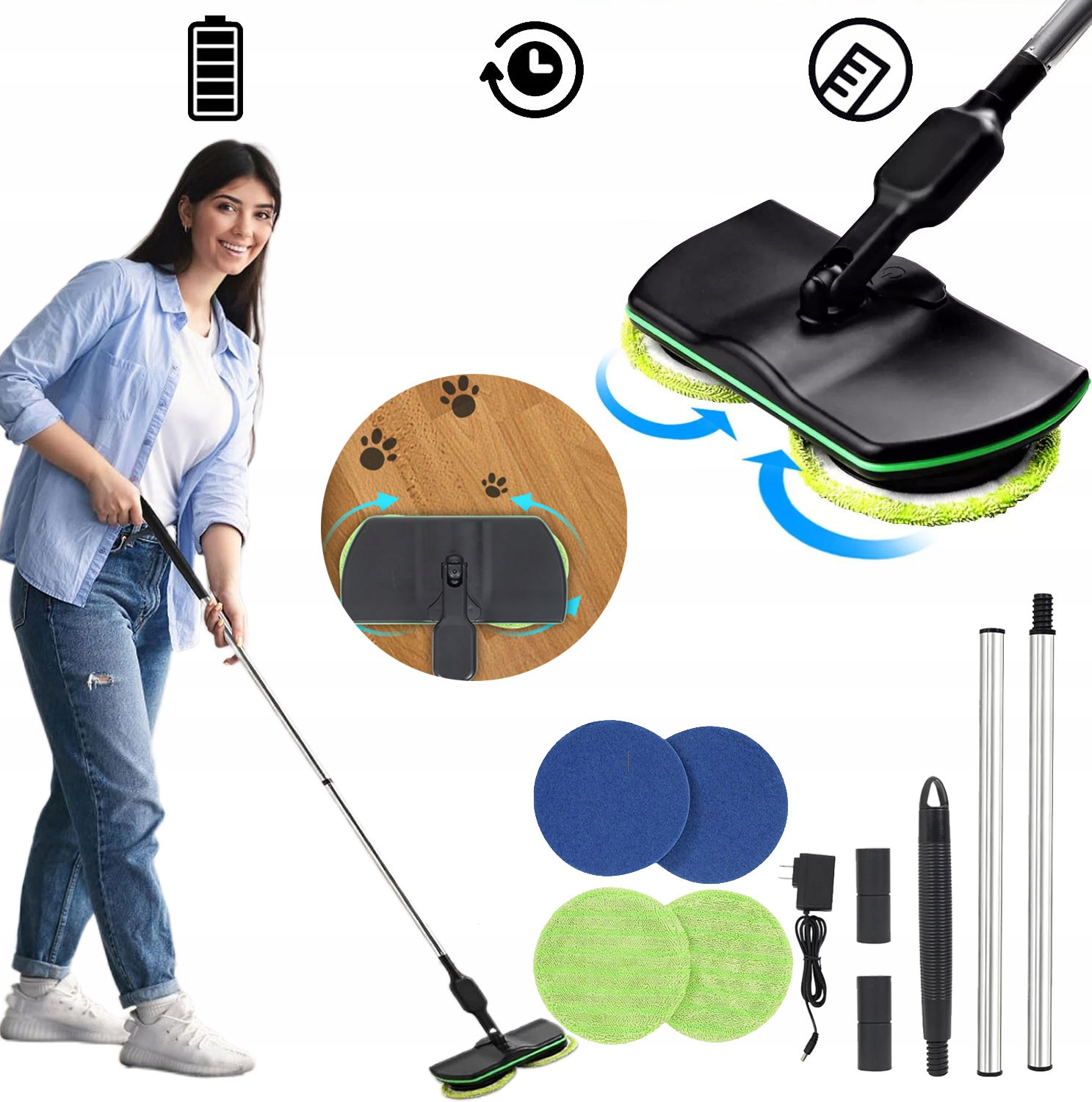 Elektrický Bezdrátový Mop 2V1 Akumulátorový, Sada 4 Padů