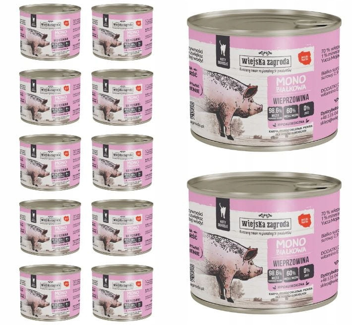 Wiejska Zagroda Monoproteinové Krmivo pro kočky Vepřové 12x200g Set