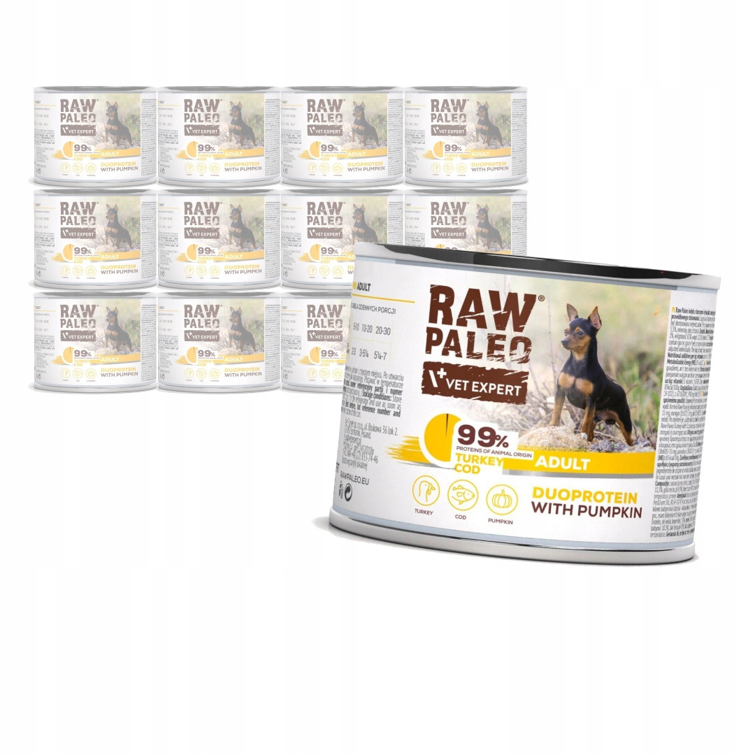 Raw Paleo Adult Duo 24x200g Mokré Krmivo pro psa s krůtím masem a treskou