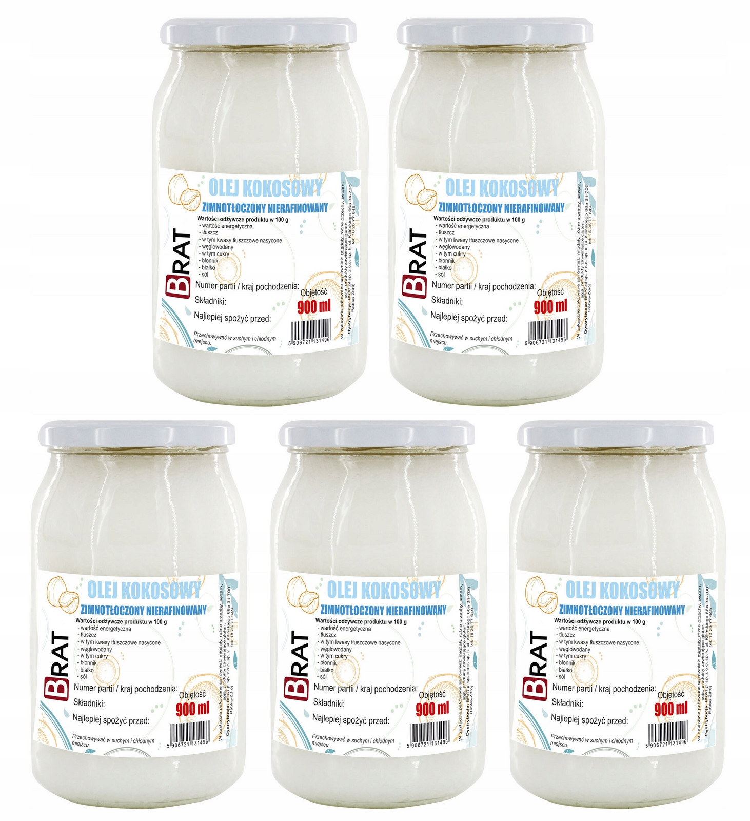 Kokosový Olej Nerafinovaný 900mlx5 Extra panenský lisovaný za studena