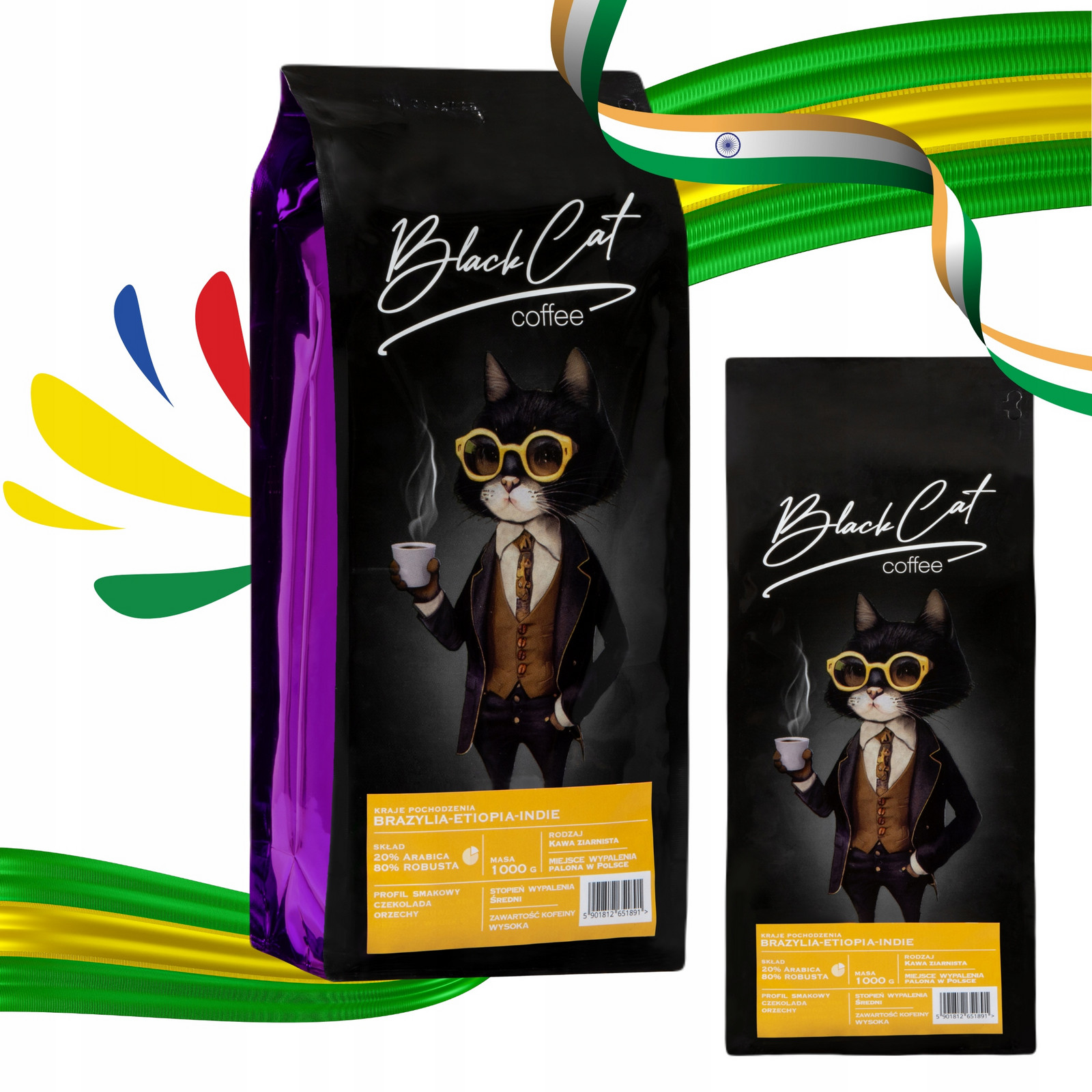 Káva zrnková Black Cat 20 Arabica 80 Robusta 1000g Blend Brazílie Etiopie