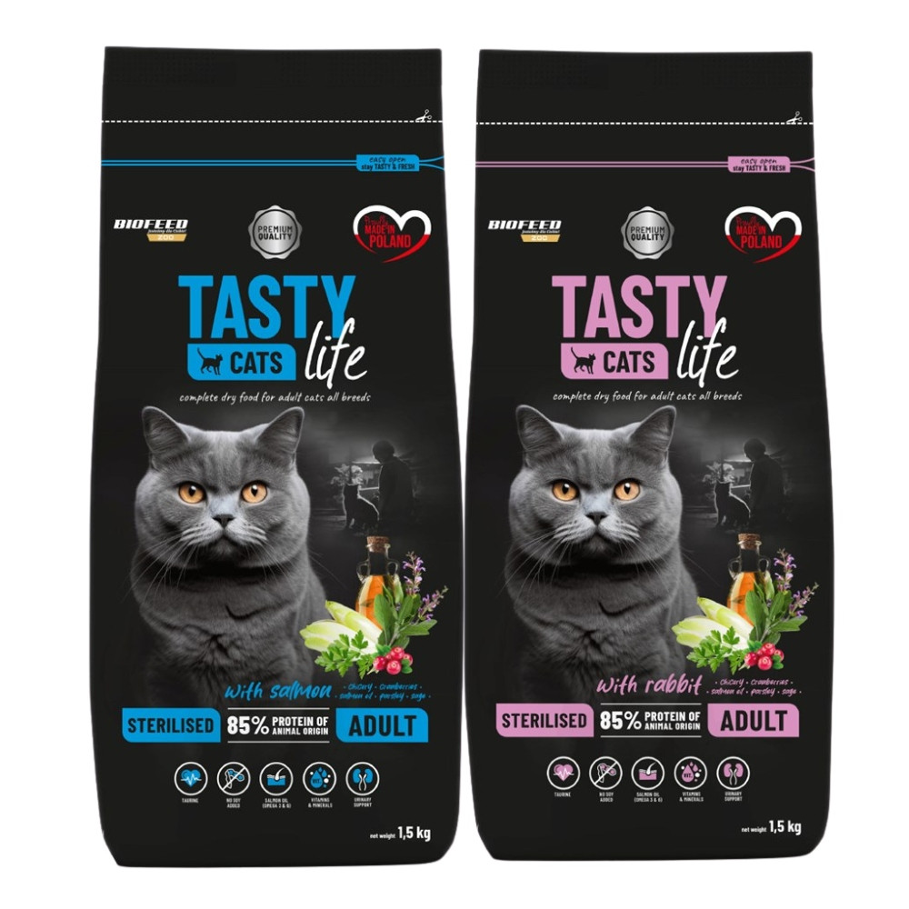 Suché krmivo pro kočky Biofeed Tasty Cats Sterilizované MIX Chutí 2x1,5 kg