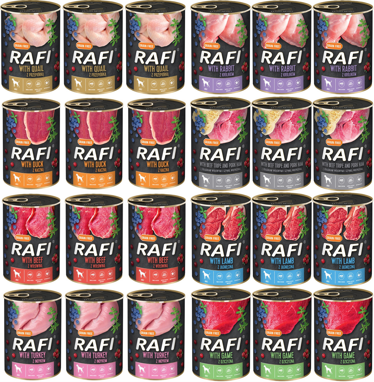 Krmivo mokré pro psy bez obilovin Rafi Dolina Noteci 24x400g MIX Chutí