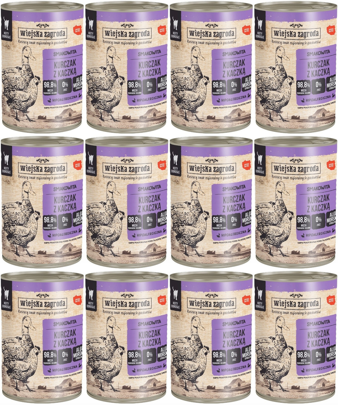 Wiejska Zagroda Kočka Kuře s kachnou 12 plechovek 400 g