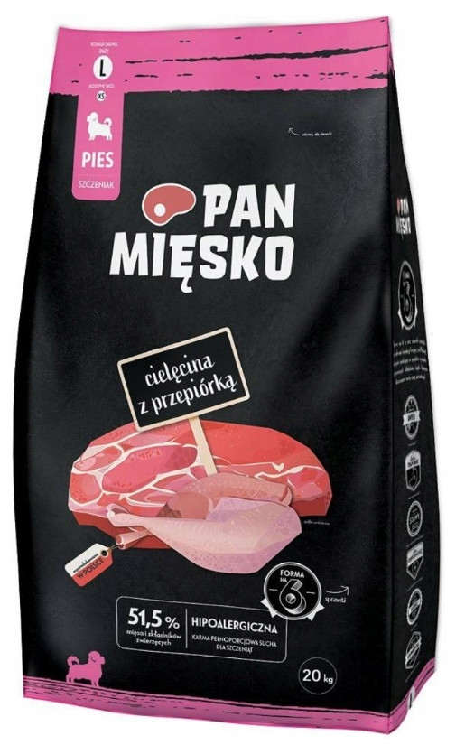 Pan Mięsko Suché Krmivo pro štěňata Telecí křepelka 20 kg Velké křupky