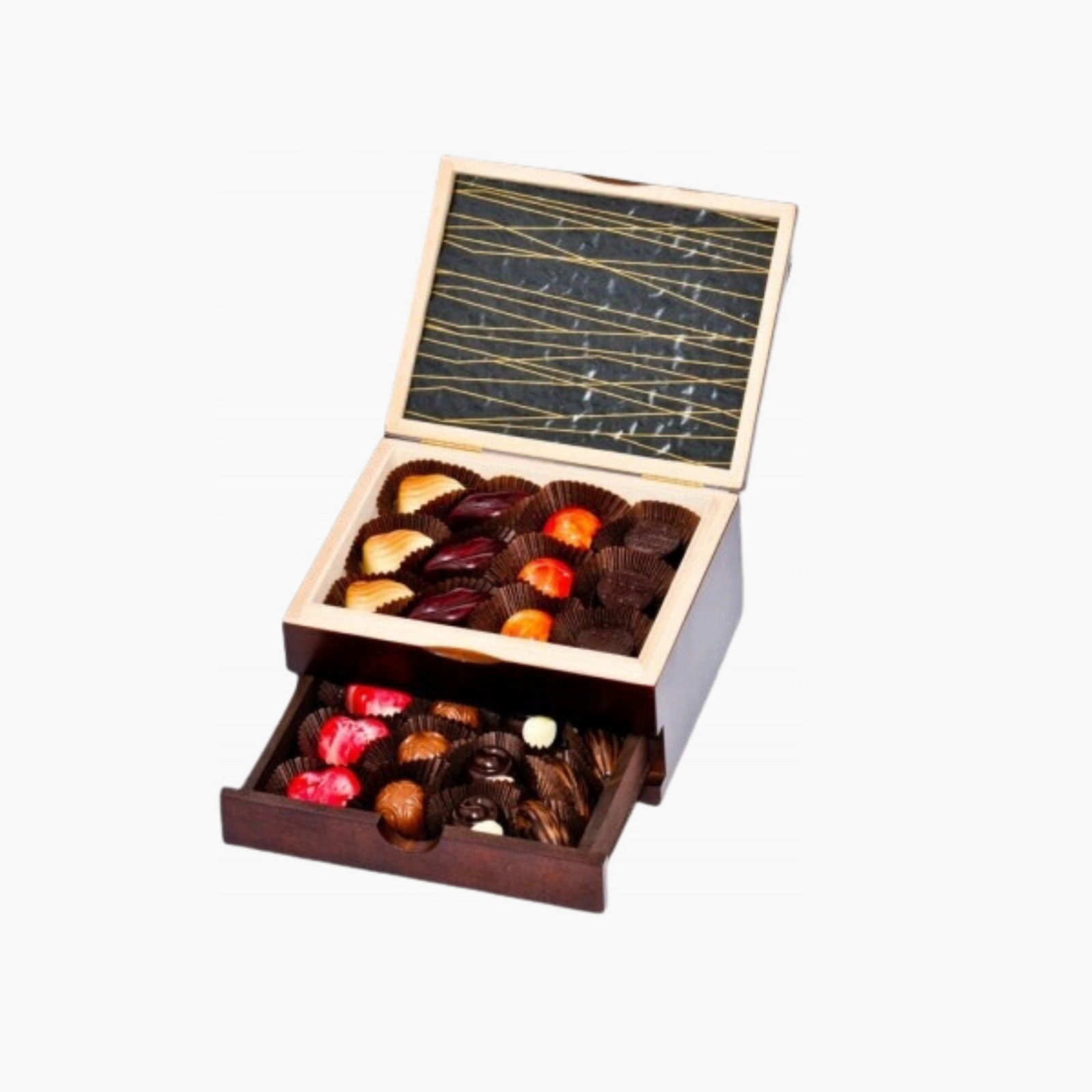 Schránka pralinek dřevěná se dvěma zásuvkami 24 ks Den matek