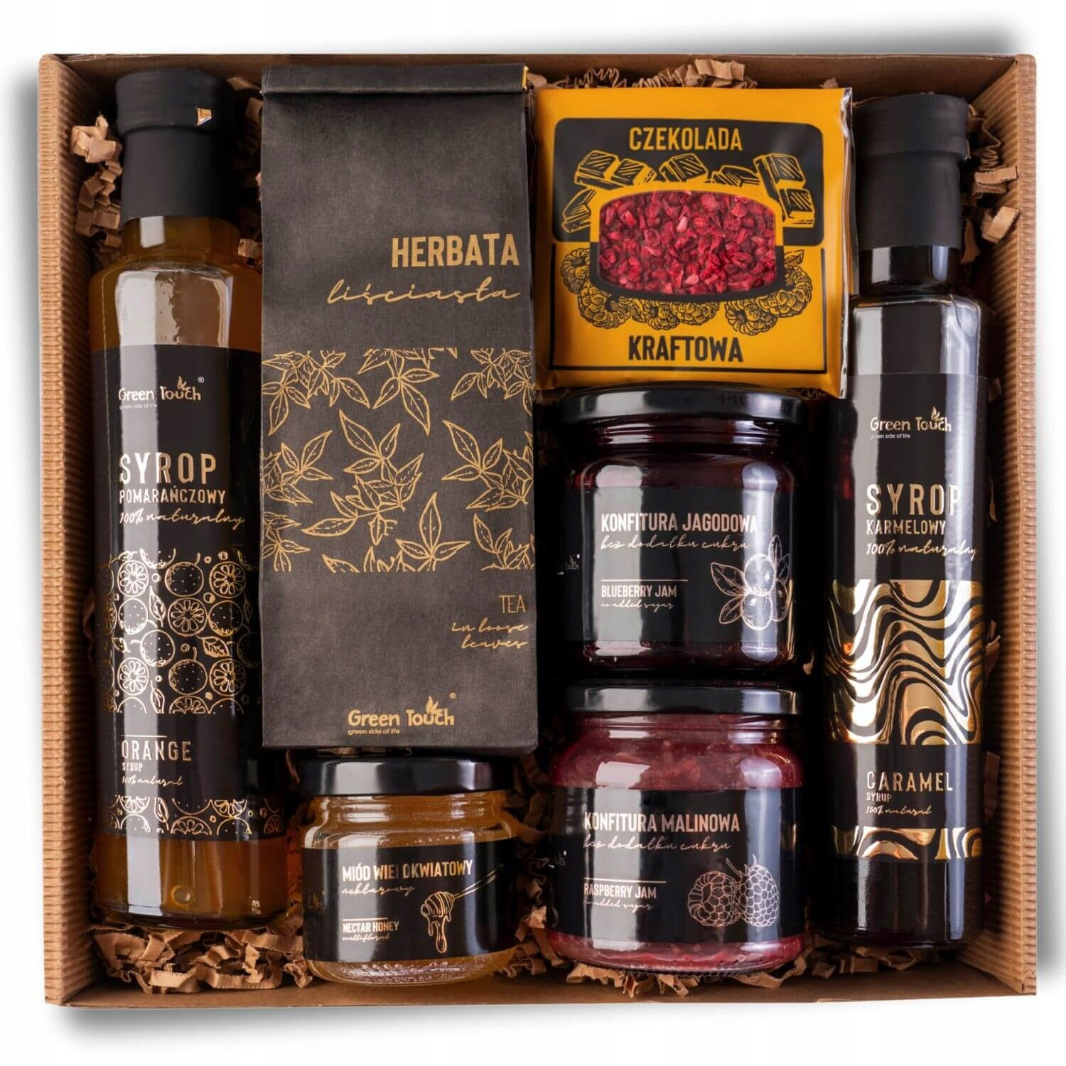 Set Dárkový Koš pomerančový karamelový sirup čaj džemy med