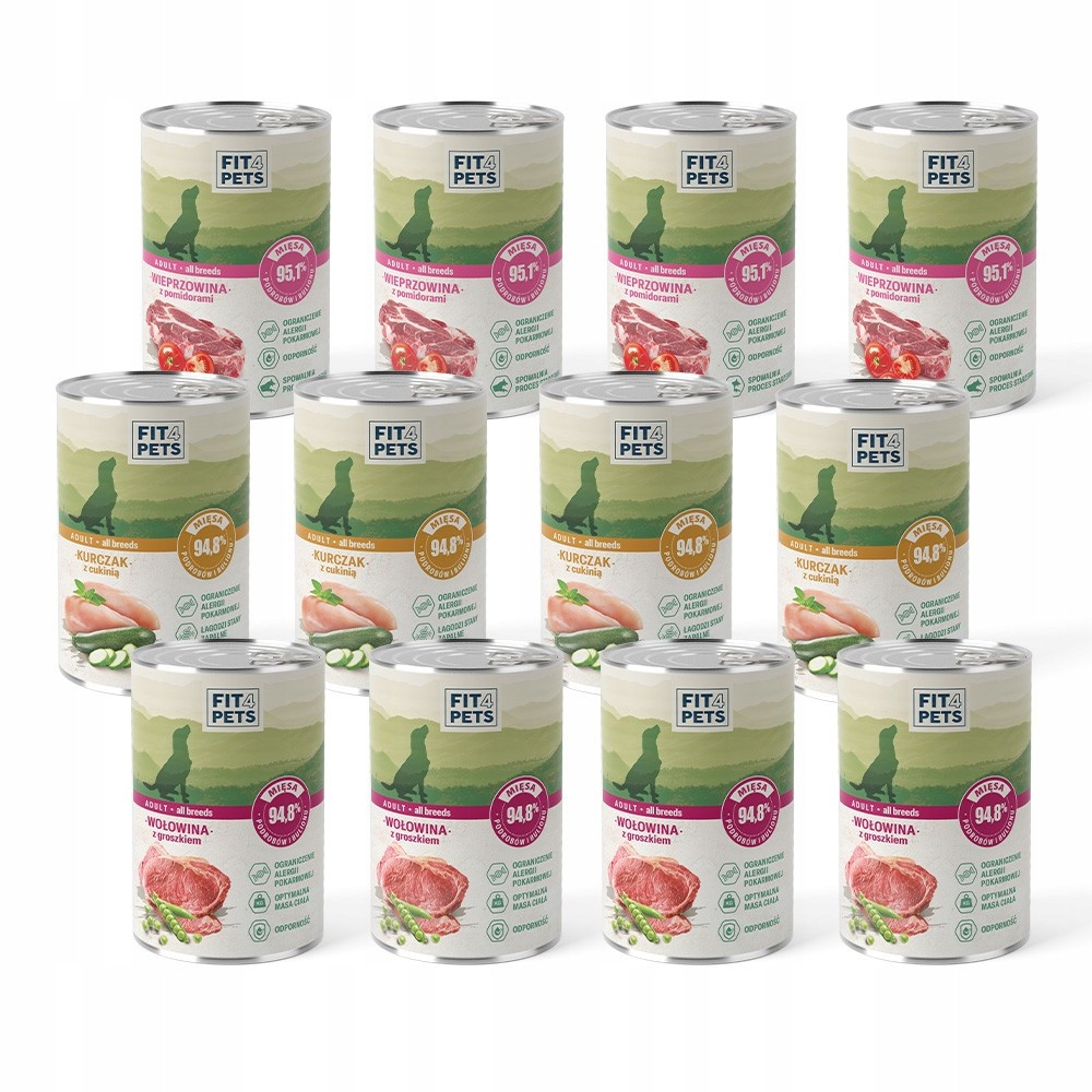 Fit4Pets Krmivo pro psy MIX 12 konzerv hovězí x4,kuře x4,vepřové x4