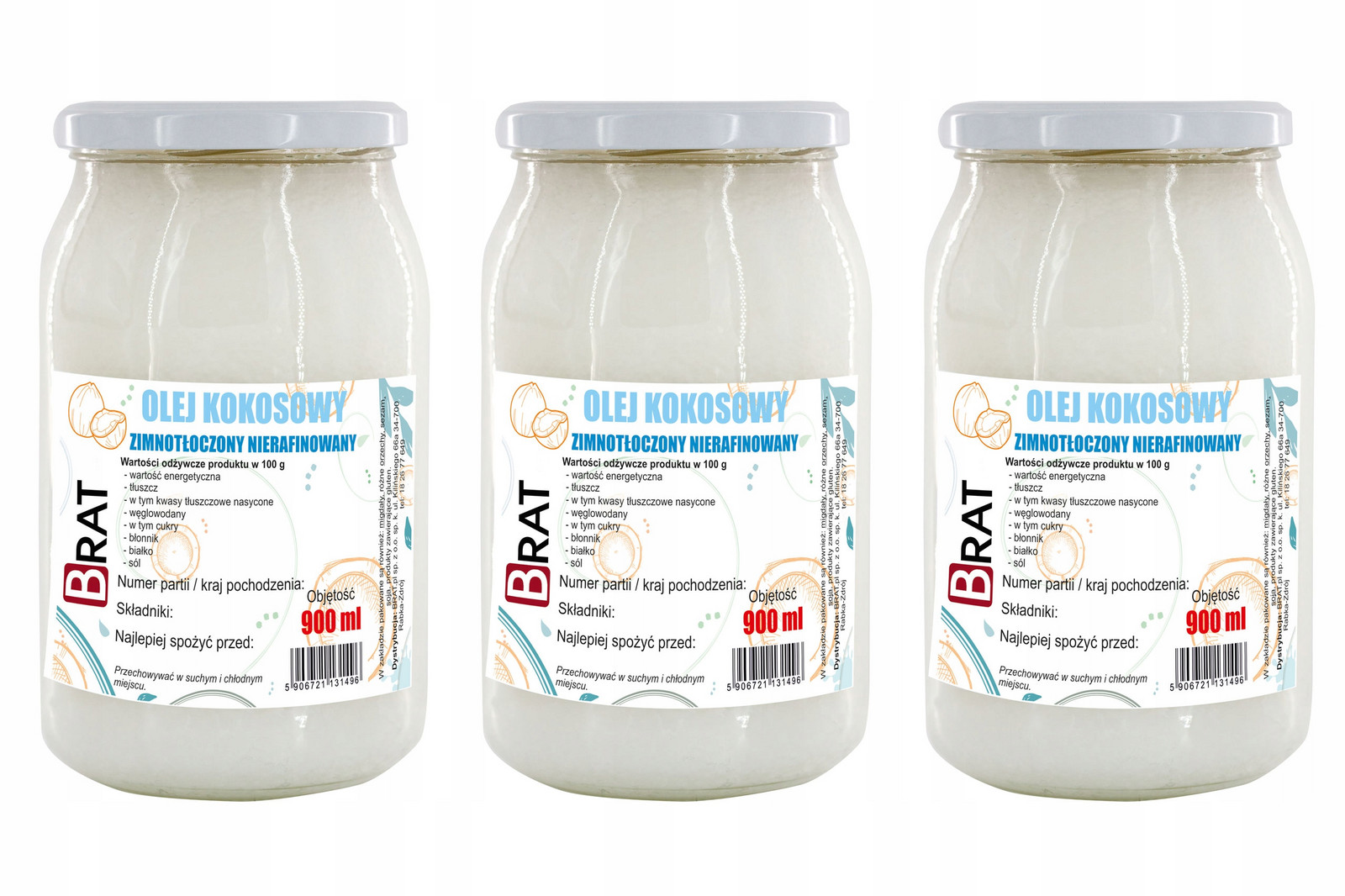 Kokosový Olej Nerafinovaný 900mlx3 Extra panenský lisovaný za studena