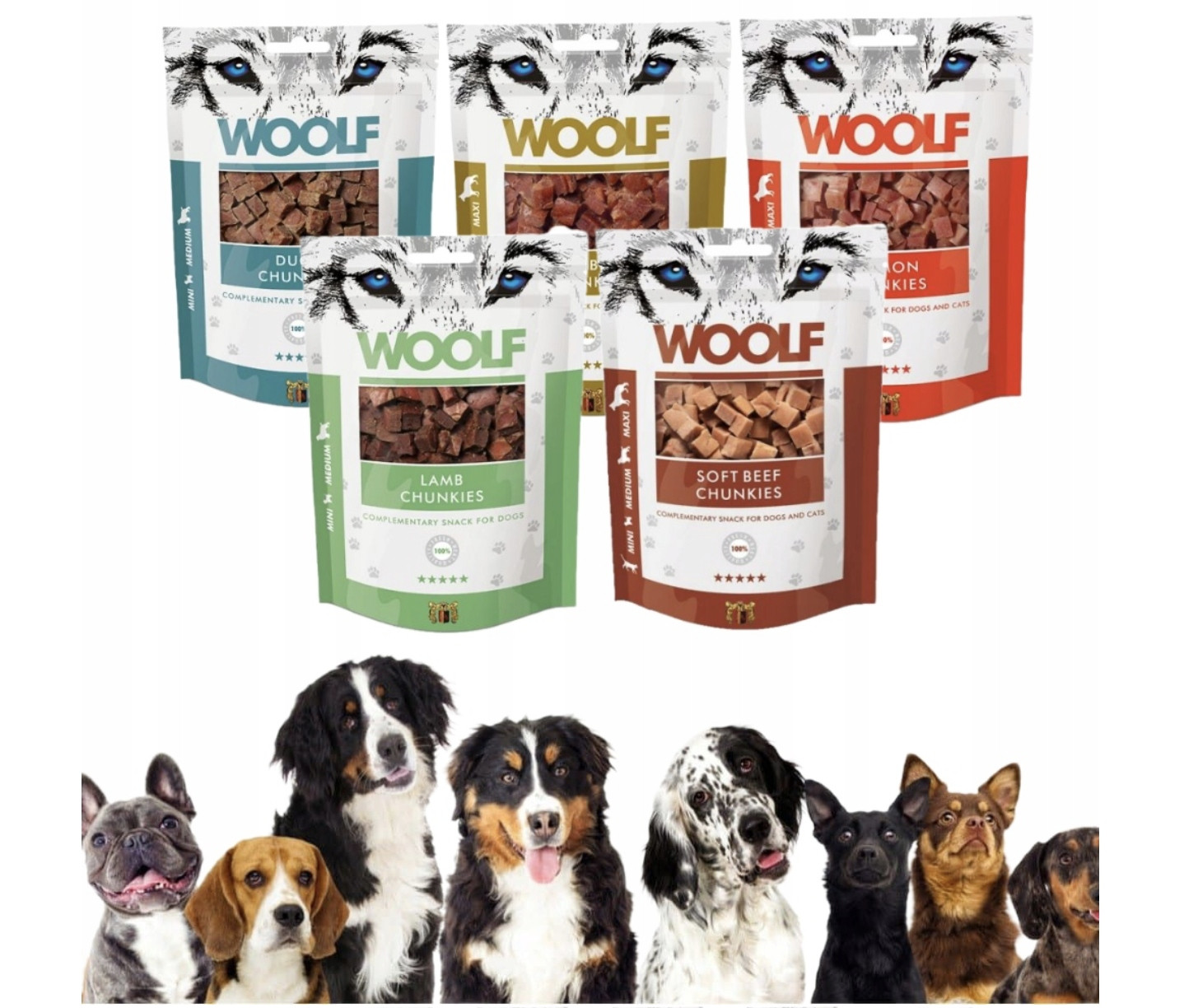 Woolf Pochoutky pro psa mix chutí 100 g * 5 ks