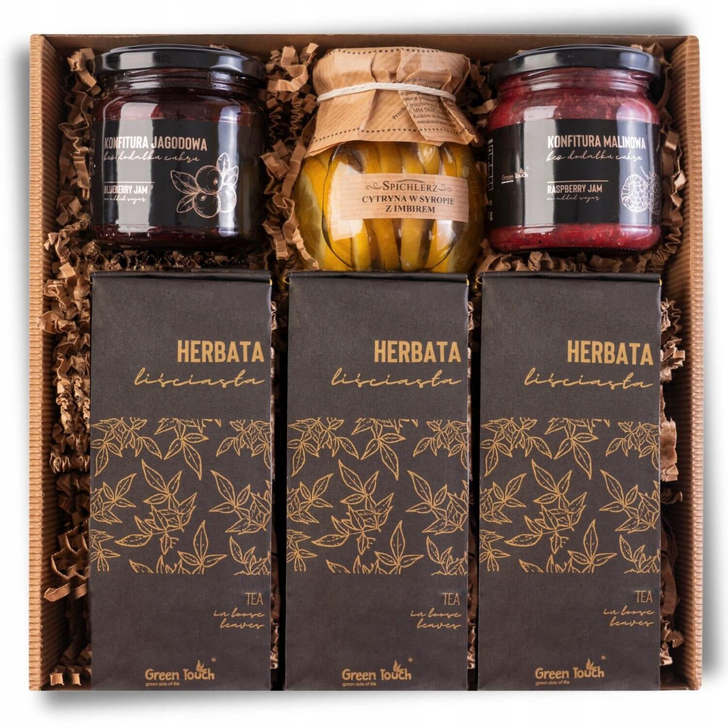 Dárková Sada koš čajový set džemy malinová borůvková citronová