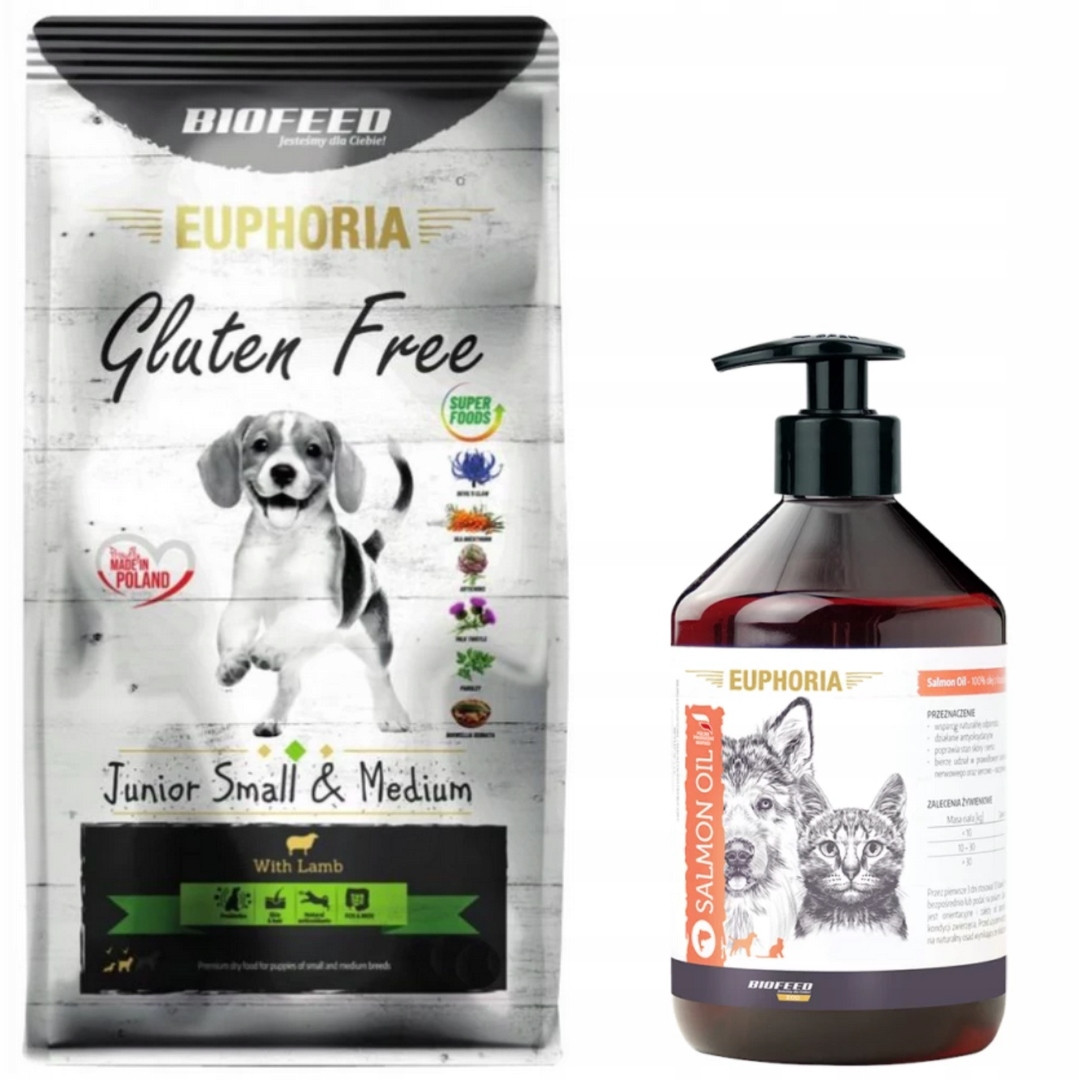 Biofeed Euphoria Gluten Free Junior small & medium Jehněčí 12kg Dárek