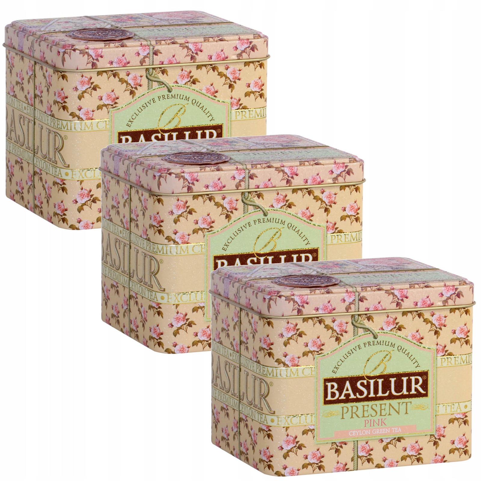 Basilur Present Pink – zelený čaj, listový, v ozdobné plechovce, 100 g x 3