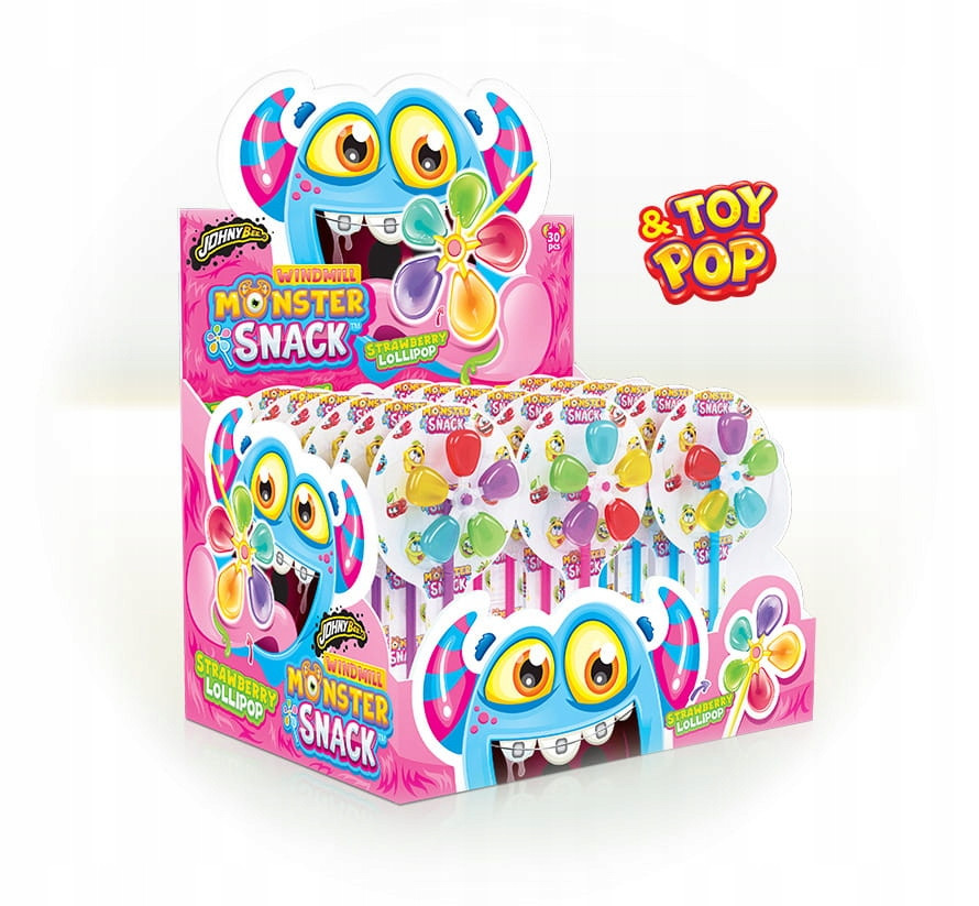 Lízátko Johny Bee 16 g jahoda Větrník Monster Snack 30ks