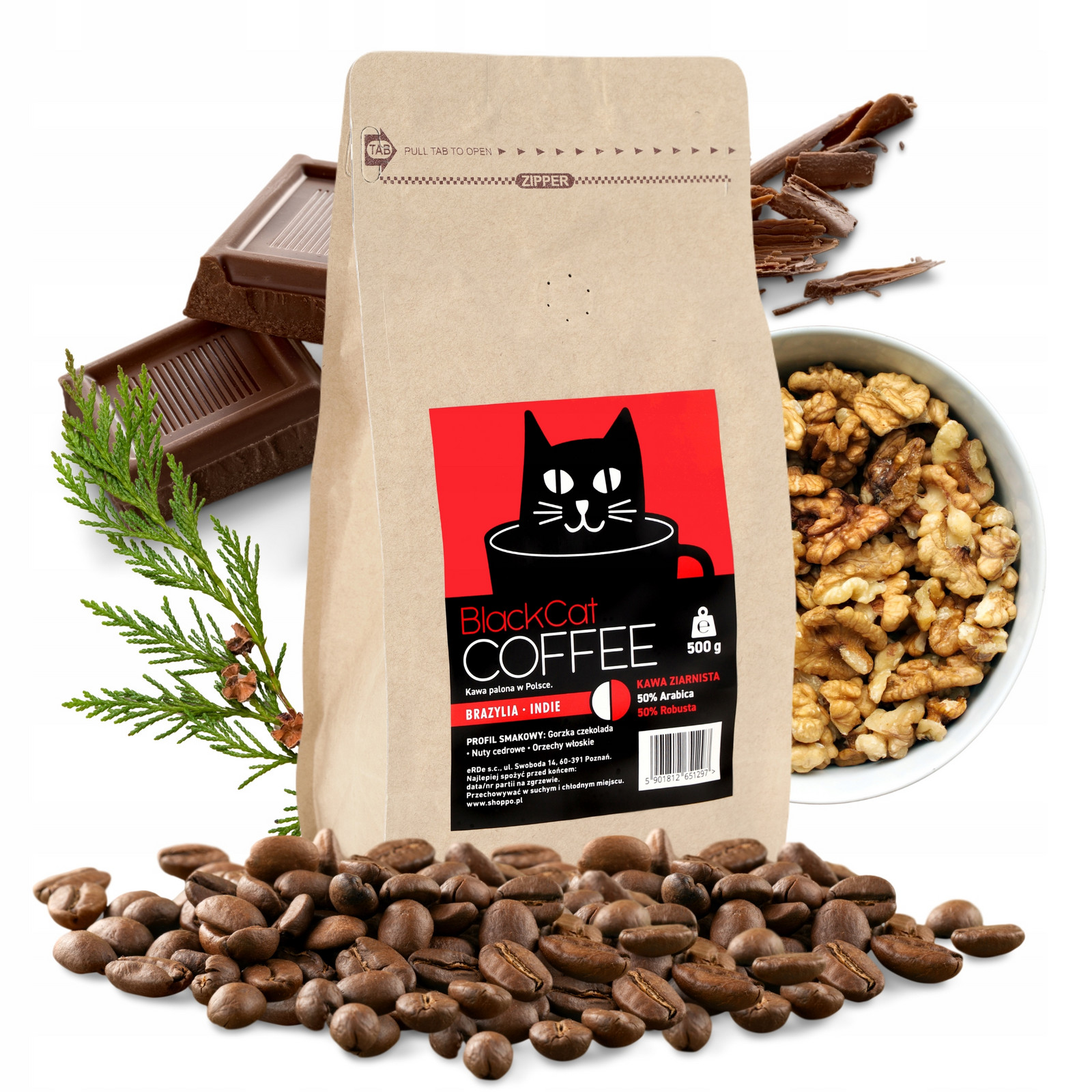 Káva zrnková nekyselá Black Cat Brazílie-Indie 50/50 500g Blend