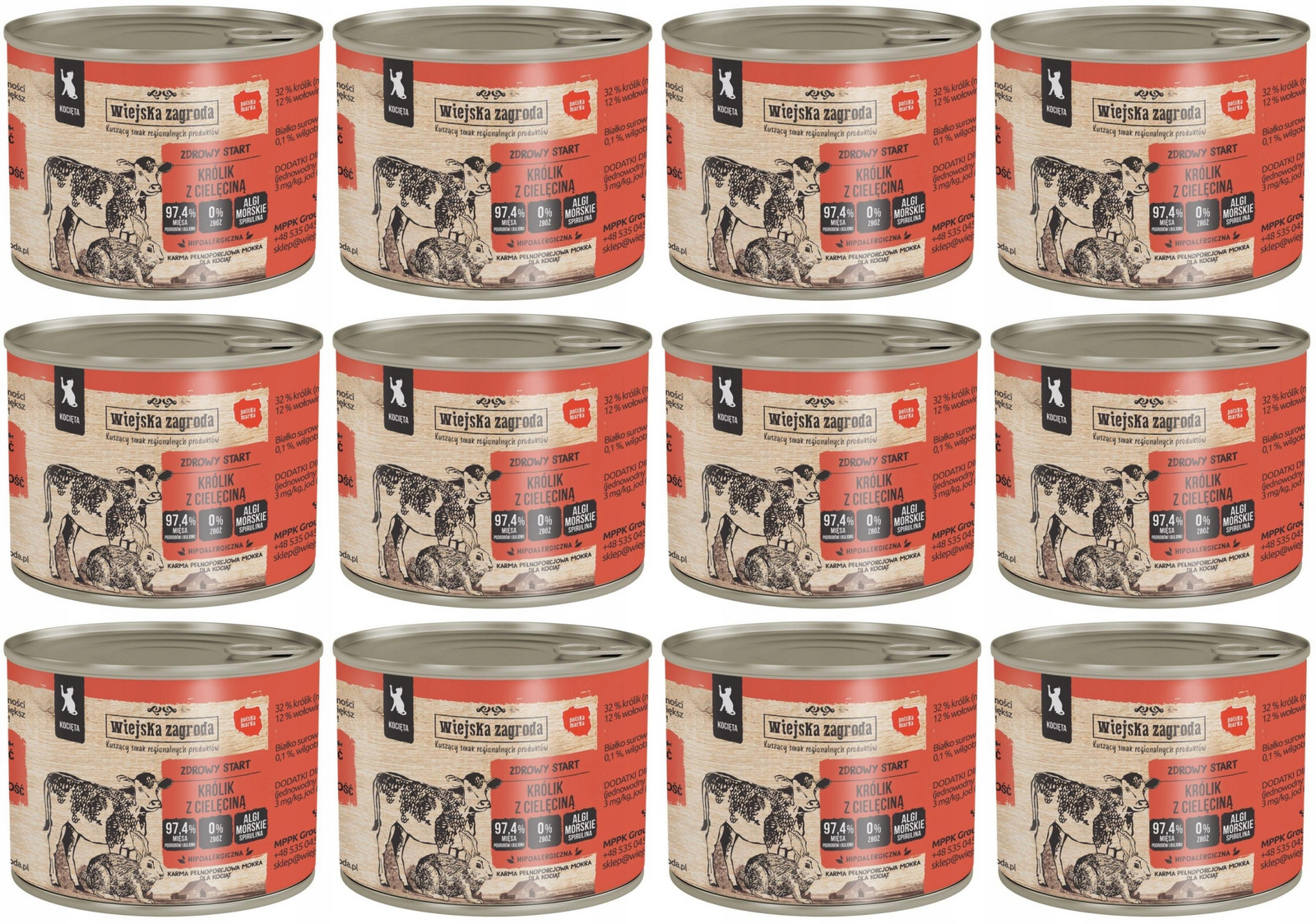 Wiejska Zagroda Kočka Králík s telecím masem 12 x 200 g