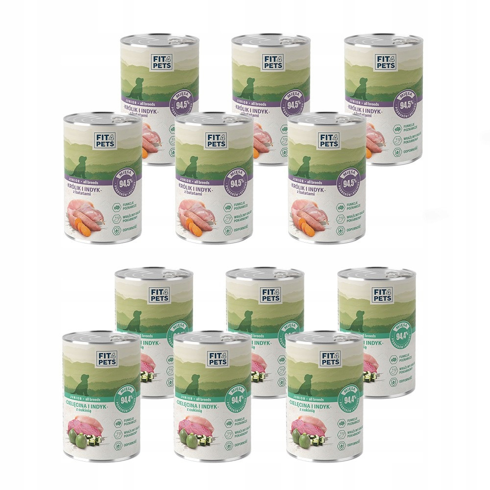 Fit4Pets Krmivo pro štěňata MIX 12 konzerv Telecí x 6, Králík x 6