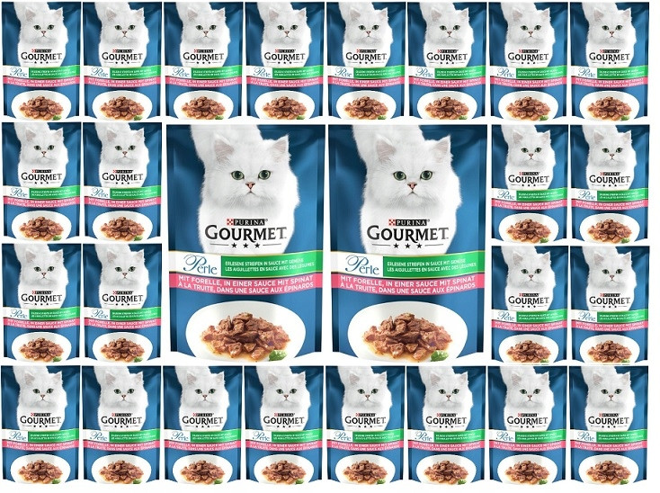 Purina Gourmet Perle pstruh a špenát mokré krmivo pro kočky v omáčce 26x85 g