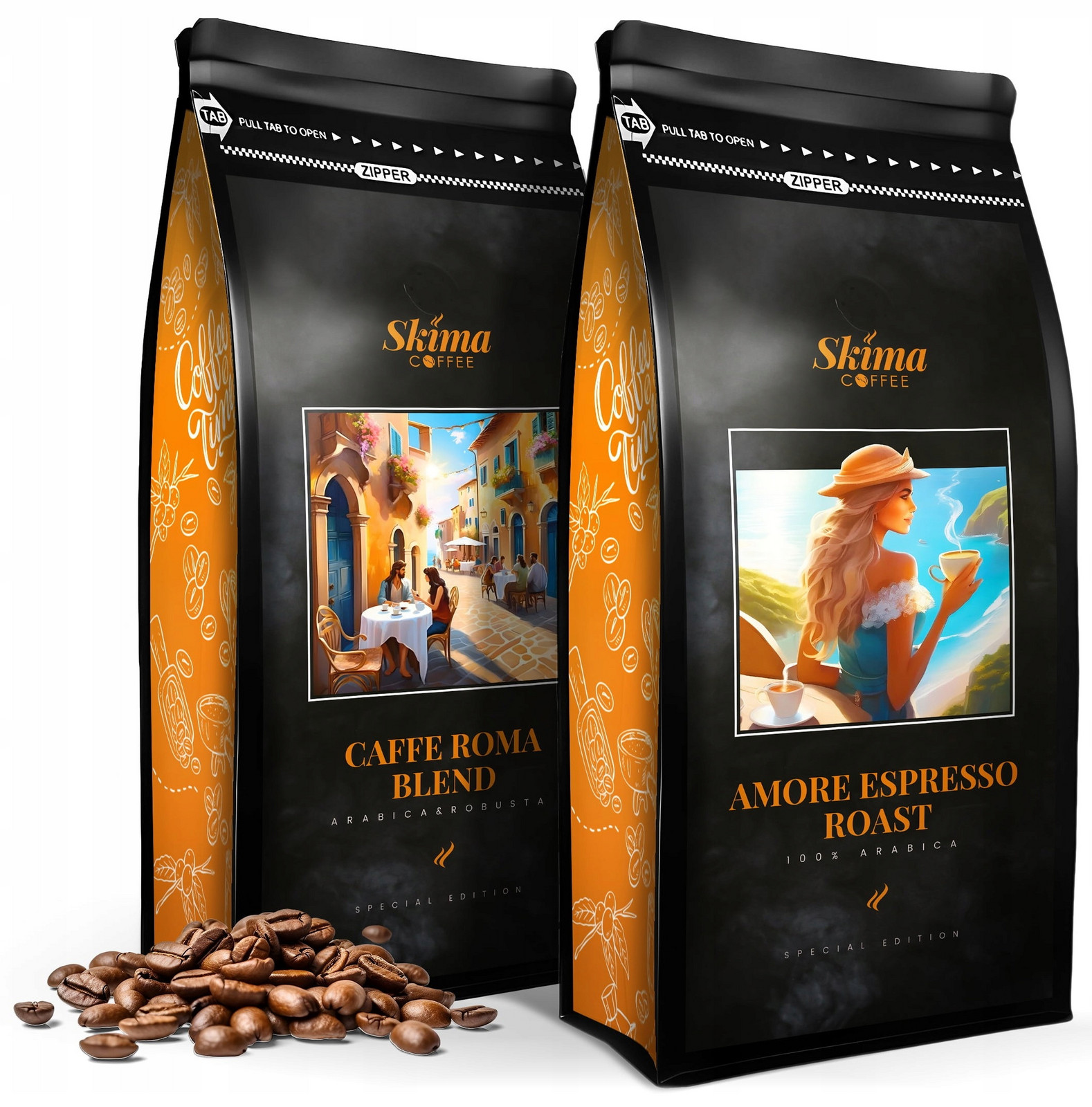 Káva zrnková 2x1 kg Amore Espresso Roast/caffe Roma Blend čerstvá Dárek