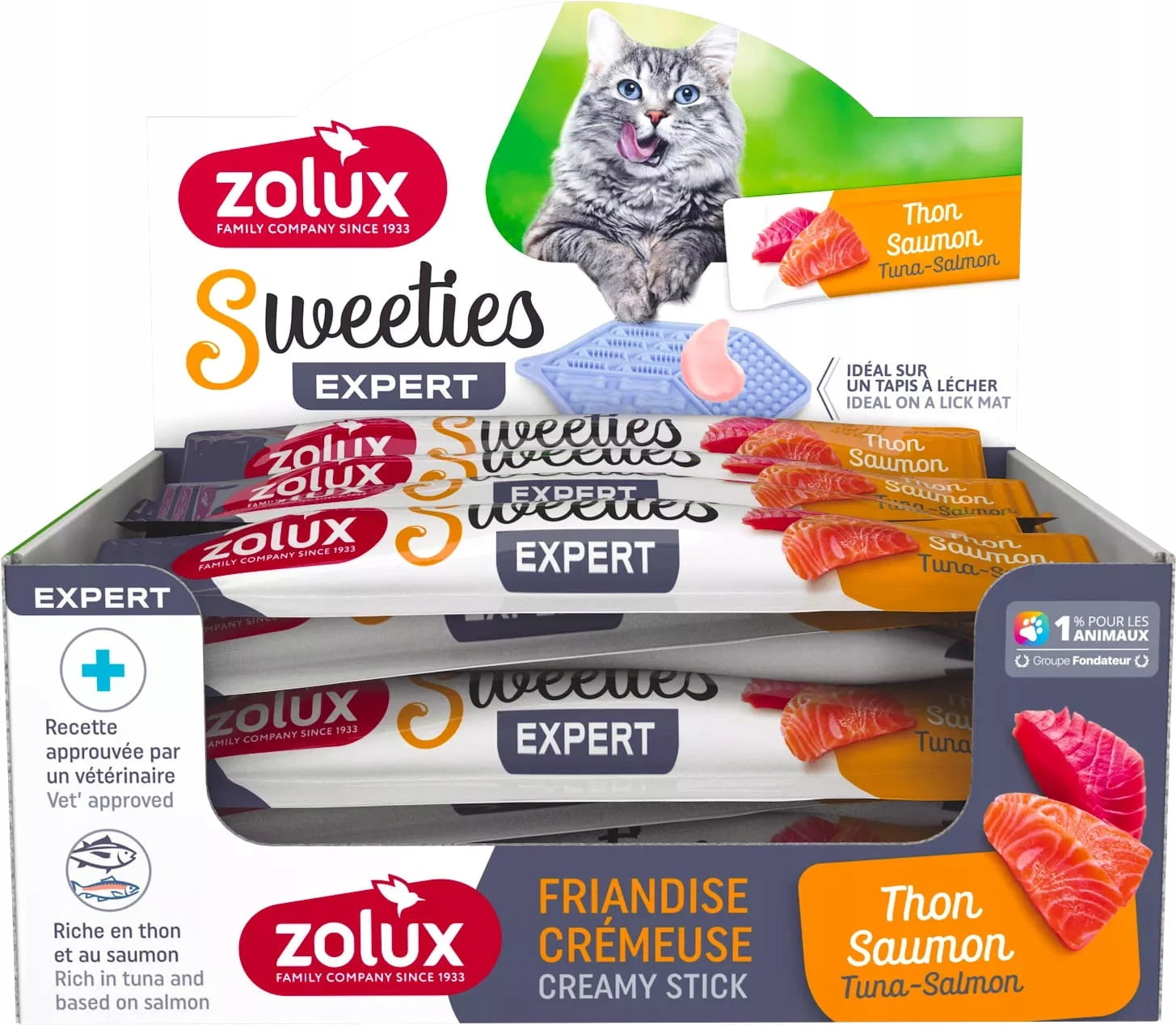 Zolux Pamlsek krémová pro kočky Sweeties s tuňákem a lososem 48x14g Box