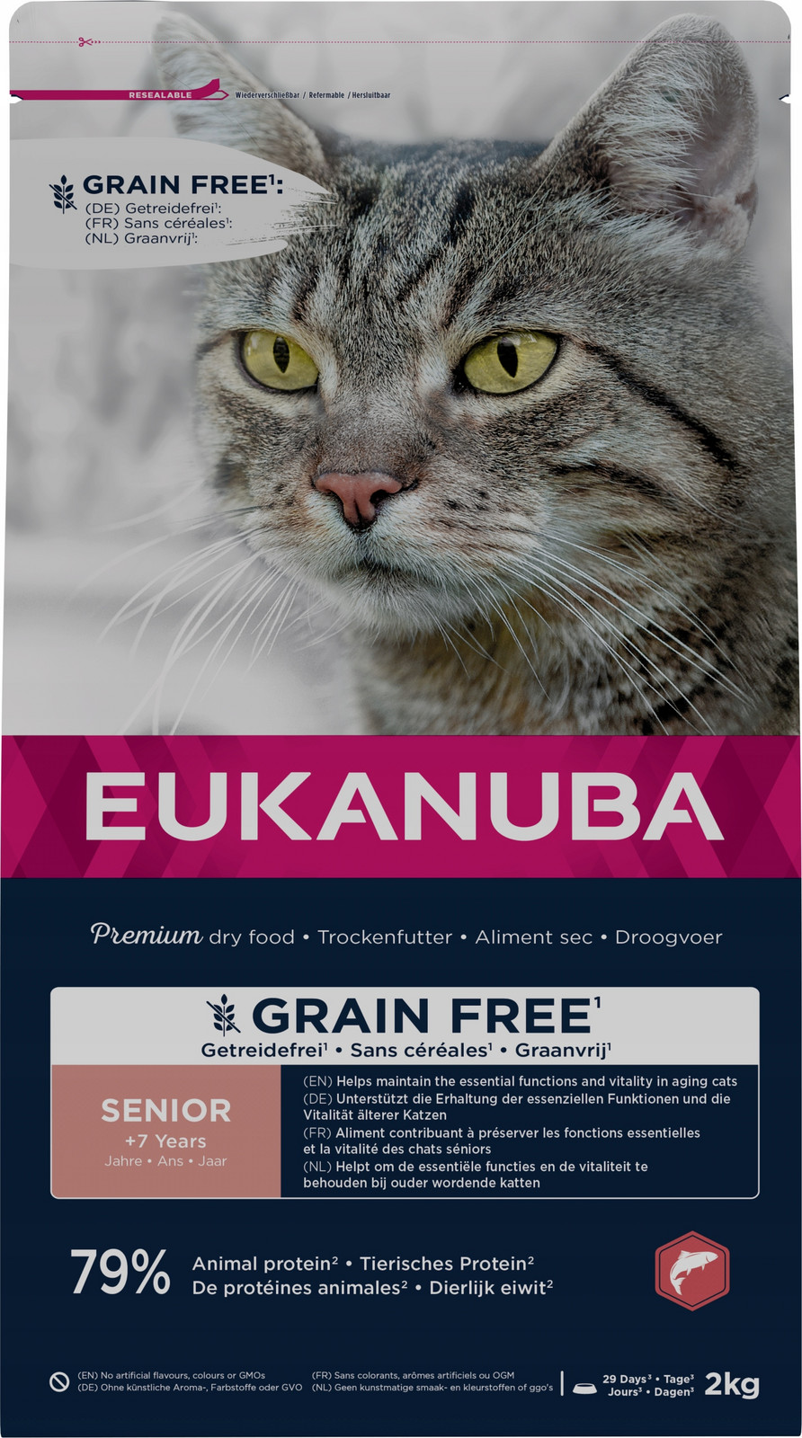 Eukanuba Grain Free senior losos suché krmivo pro kočky 2 kg