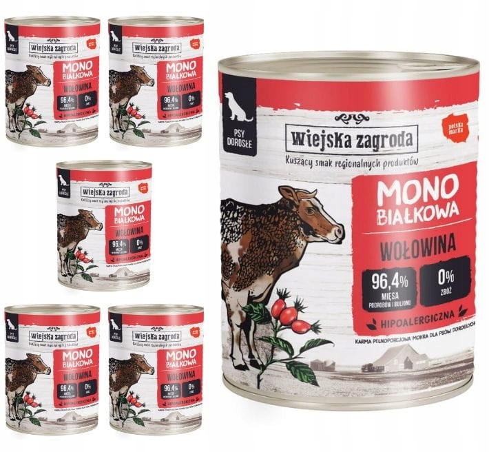 Wiejska Zagroda Vlhké krmivo pro psy Monoproteinové Hovězí maso 6x800g Set