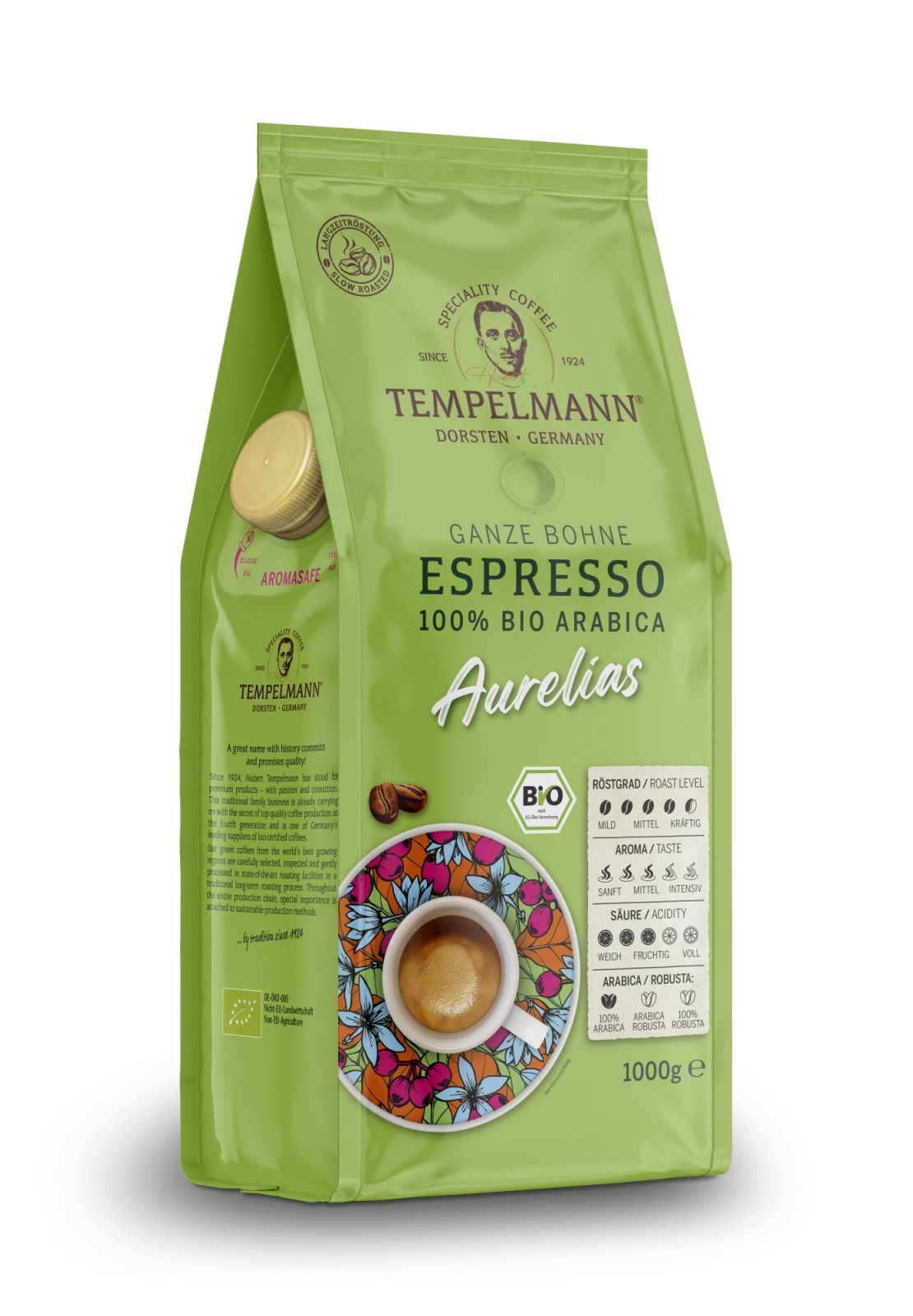 Káva zrnková 1kg Arabica Tempelmann Aurelias Espresso 1000 g