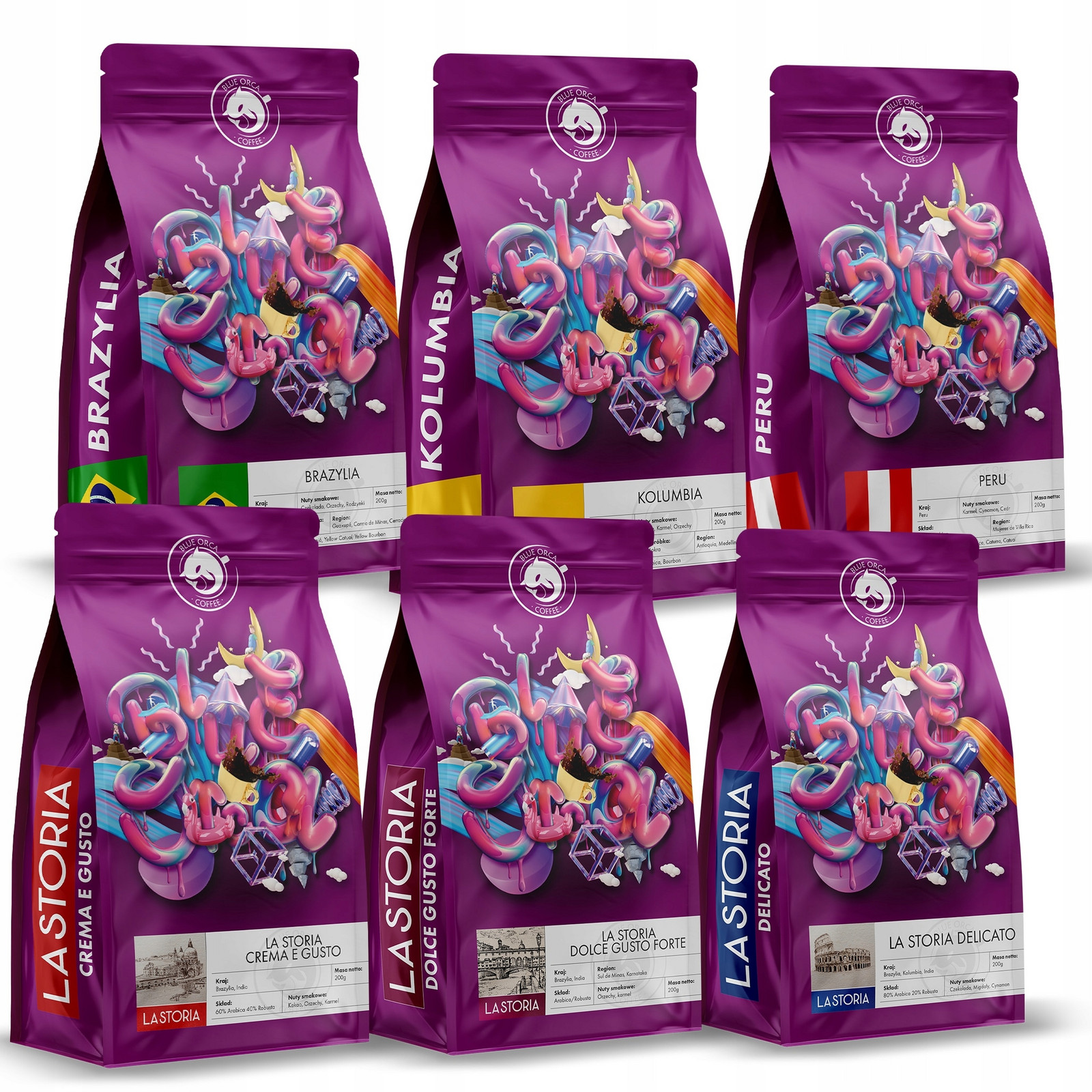 Káva Zrnková Čerstvě pražená Tastingová Sada 6x200g Blue Orca +dárek