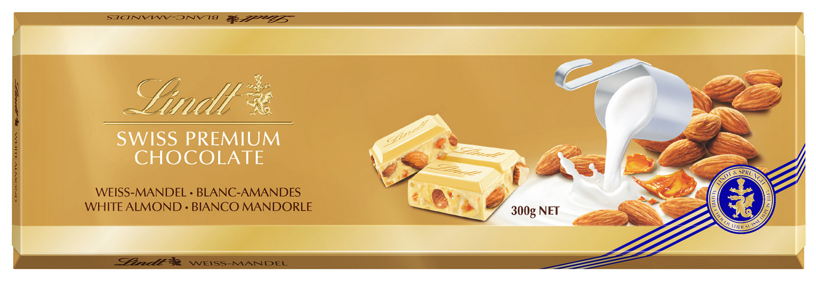 LINDT Gold Tablet Švýcarská bílá čokoláda s mandlemi 300 g