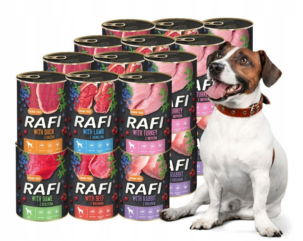 Rafi vlhké krmivo pro psy MIX 7 příchutí 24x400g Bezobilné Dolina Noteci