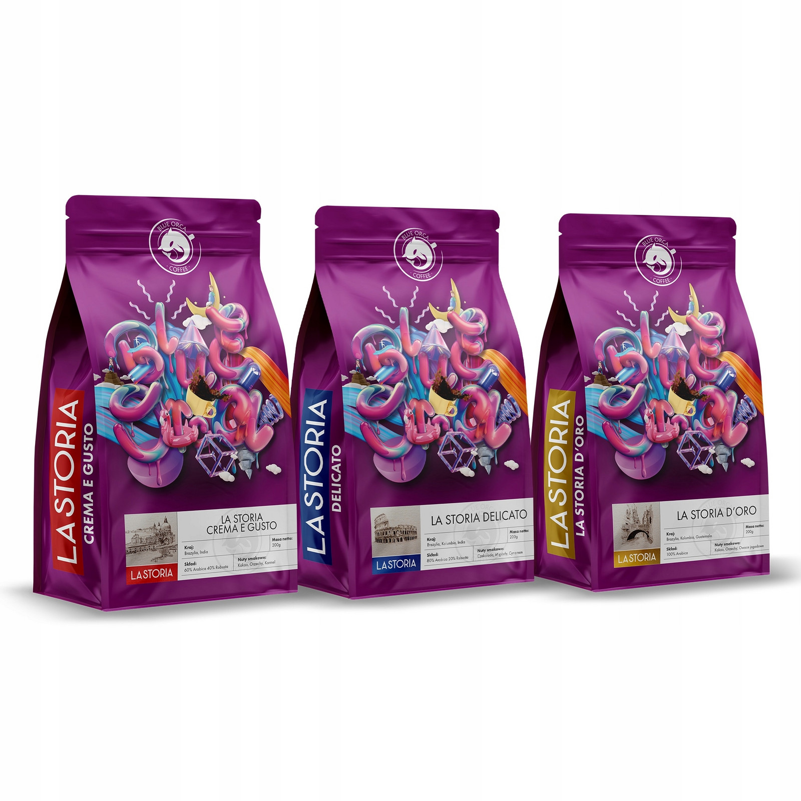 Káva Zrnková La Storia Čerstvě pražená Set 3x200g Blue Orca Coffee