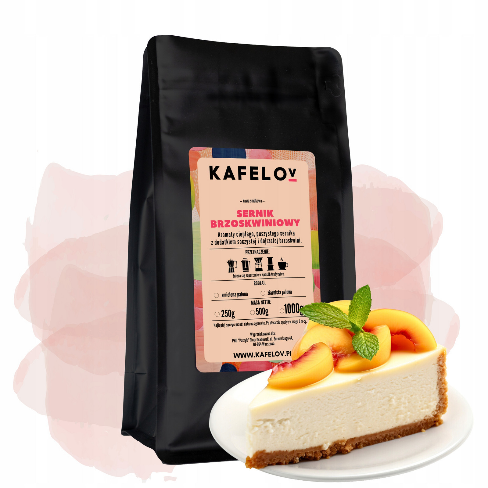 Mletá káva ochucená 1 kg Cheesecake s Broskvemi arabika čerstvě pražená