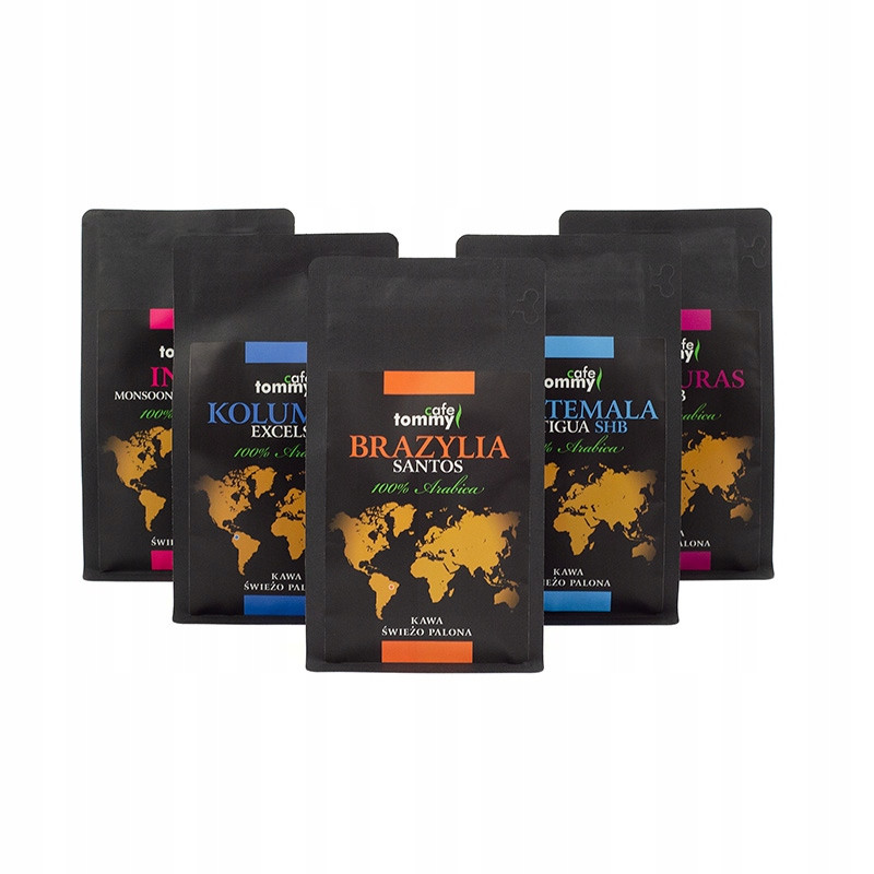Káva zrnková 100% Arabica Degustační Set dárek 5x150g Tommy Cafe