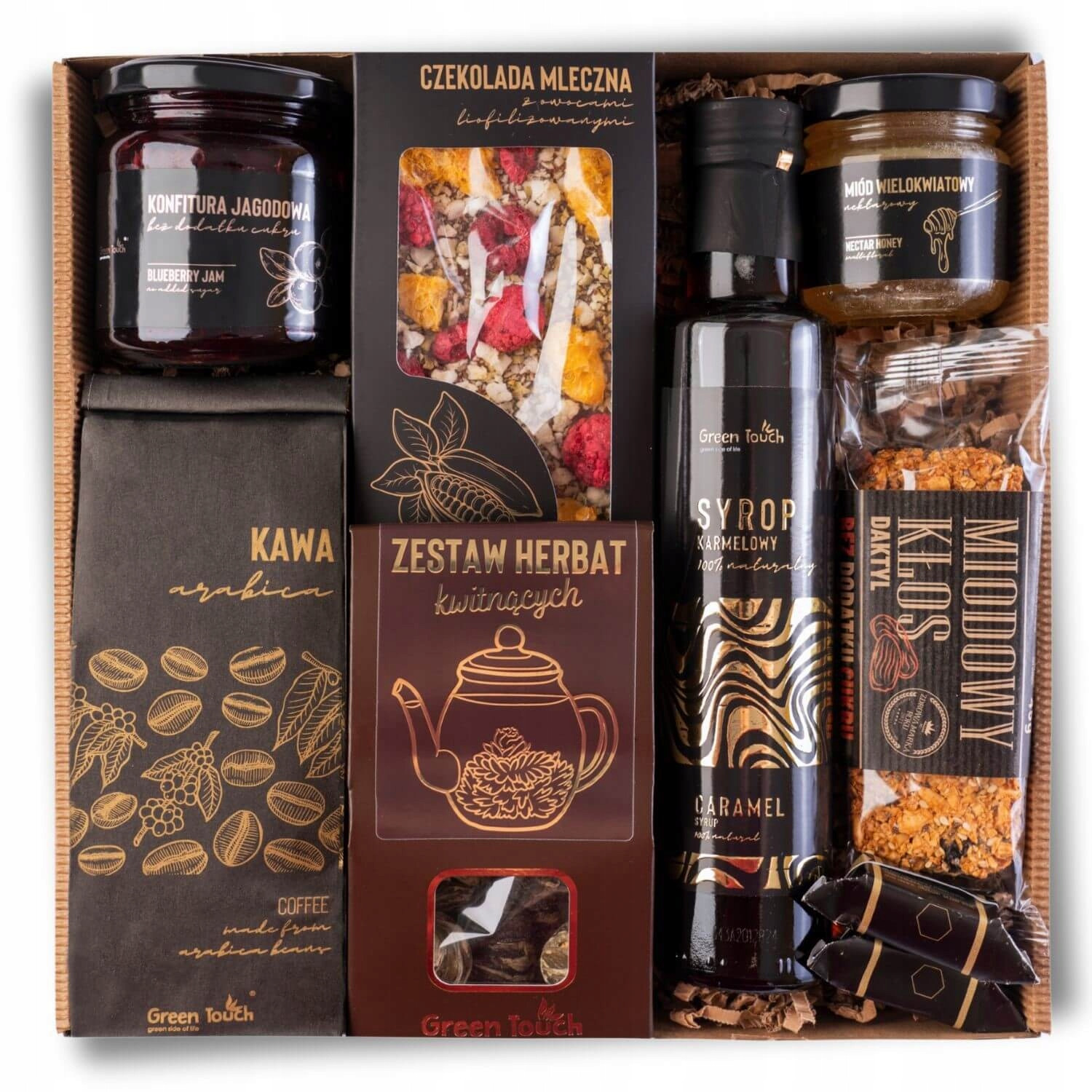 Set Dárkový Koš čaj káva med sirup čokoláda zavařenina