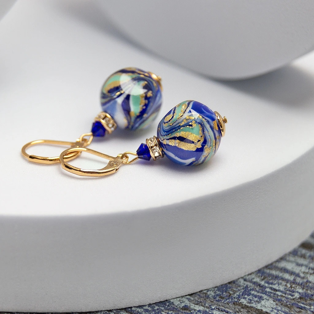 Lampglas Náušnice s 24karátovým zlatem v perlách Blue Horizon ESA50