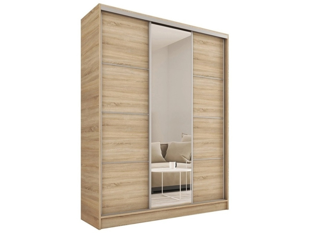 Šatní skříň LITOLARIS 150 se zrcadlem, 4 šuplíky a 2 šatními tyčemi, dub sonoma