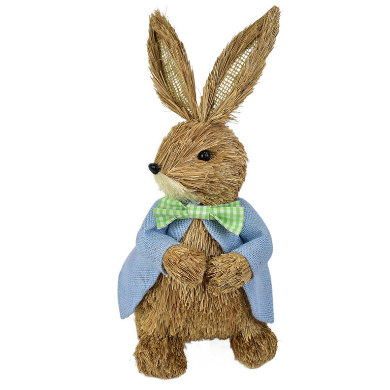 Slámový zajíc v modrém kabátku 39 cm