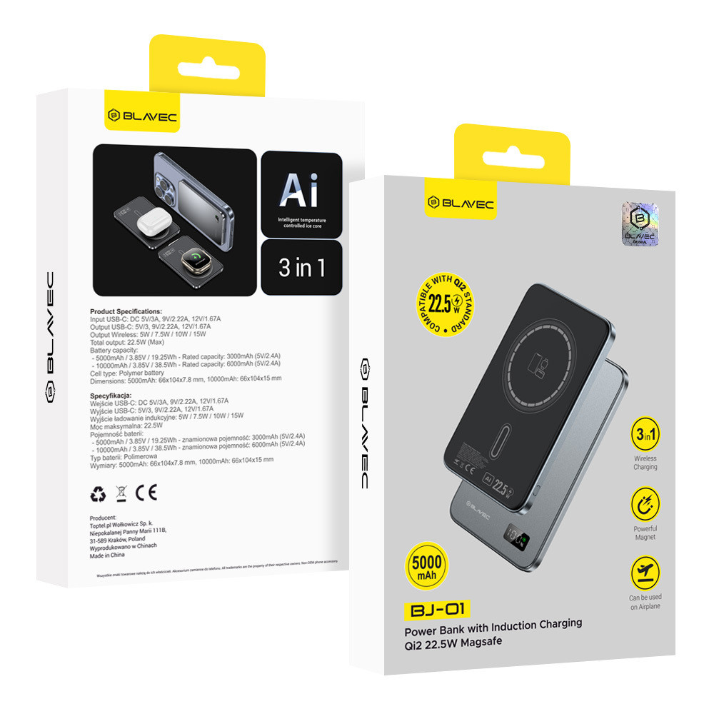 Bezdrátová powerbanka Blavec BJ01 Ultra Slim 7,8mm 5000mAh USB-C s funkcí rychlonabíjení 22,5W 3v1 Magsafe (PBBJ01-MC5G) šedá