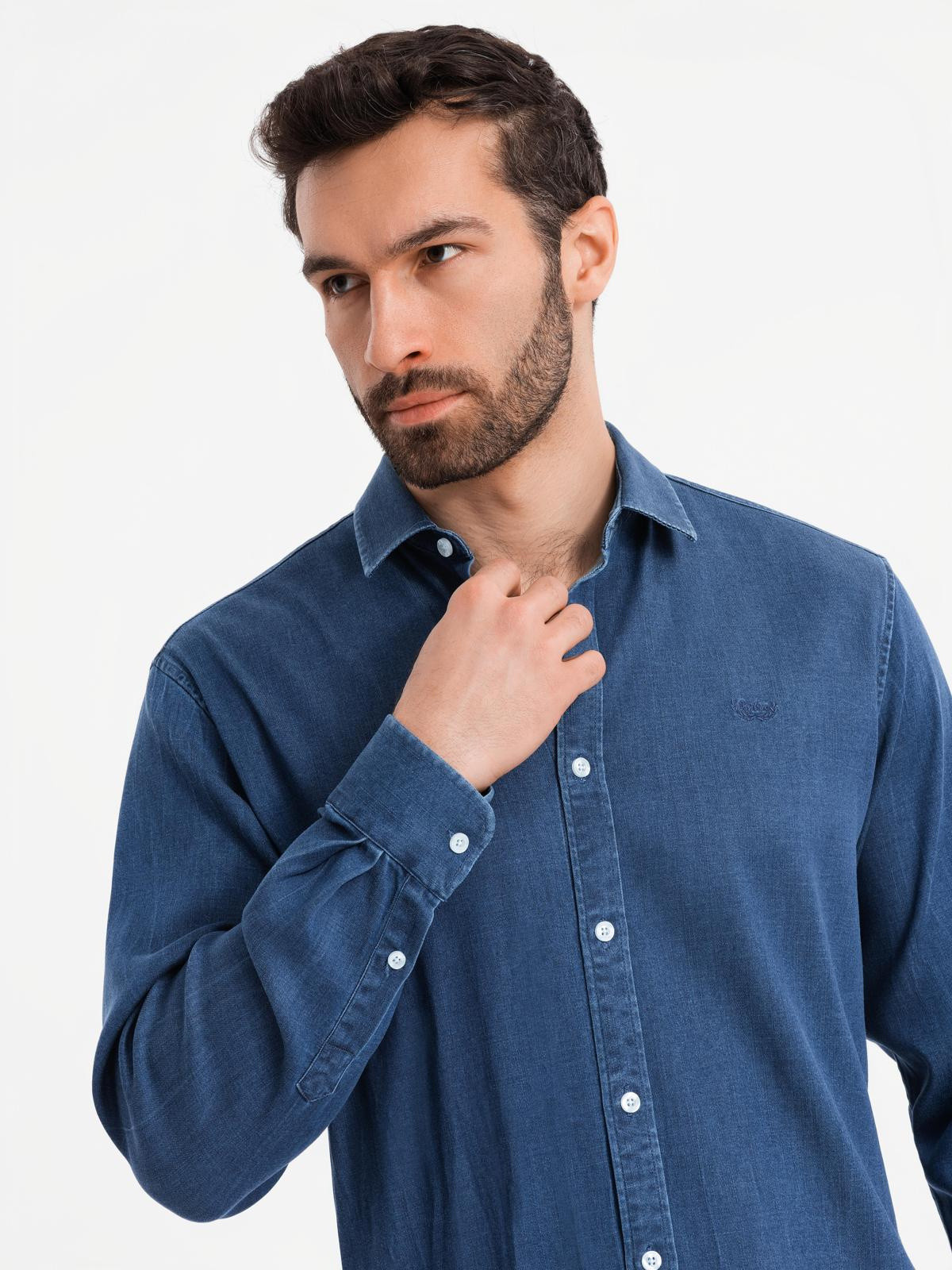 Ombre Men's denim shirt with lyocell and embroidery on chest - dark blue